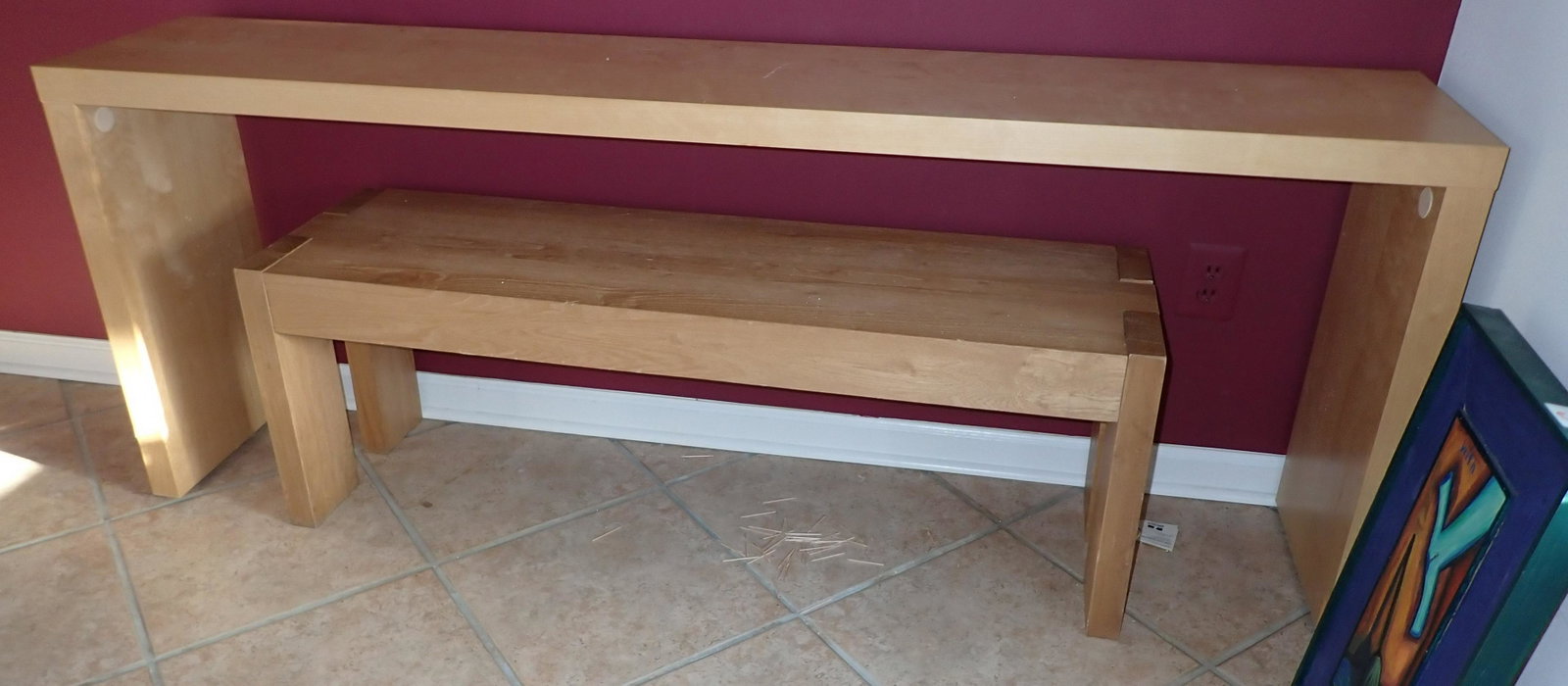 Bench & Breakfast Bar: Bench is apprx 15" x 51 3/4" x 18" tall. Bar is apprx 14" x 75 1/4" x 29" tall. They do not match