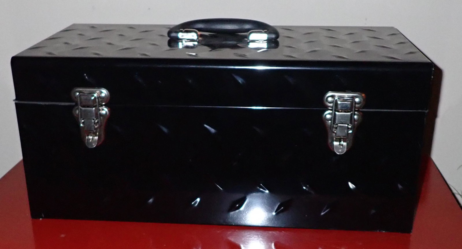 Diamond Plate Toolbox with Adjustable Wrench & Misc: Tool box is approx 9 1/2" x 20" x 9" tall.