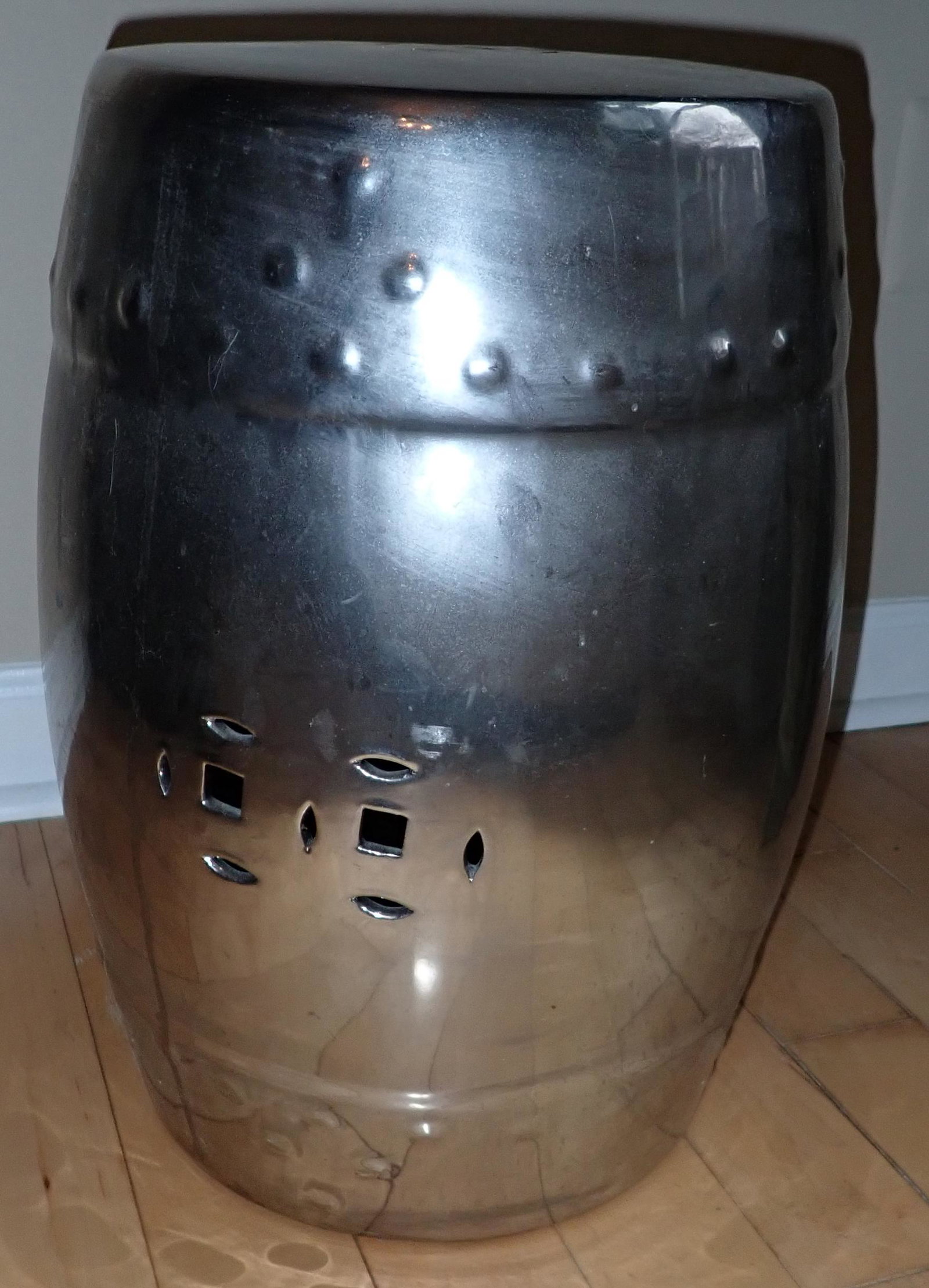 Chrome Finish Oriental Garden Stool: Approx 18" tall. Pottery with chrome finish