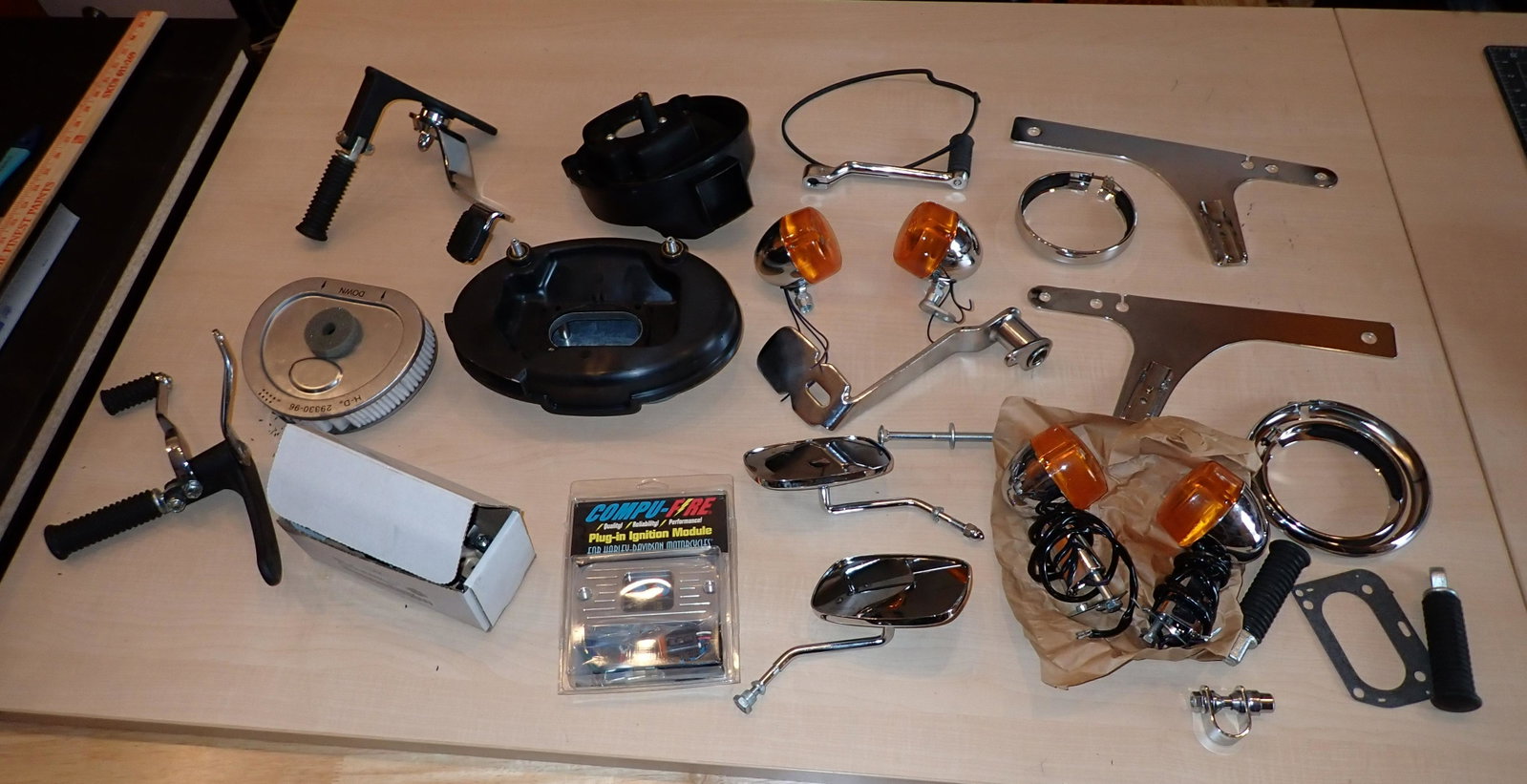 Harley Davidson Motorcyle Parts: Getting all pictured on top of workbench
