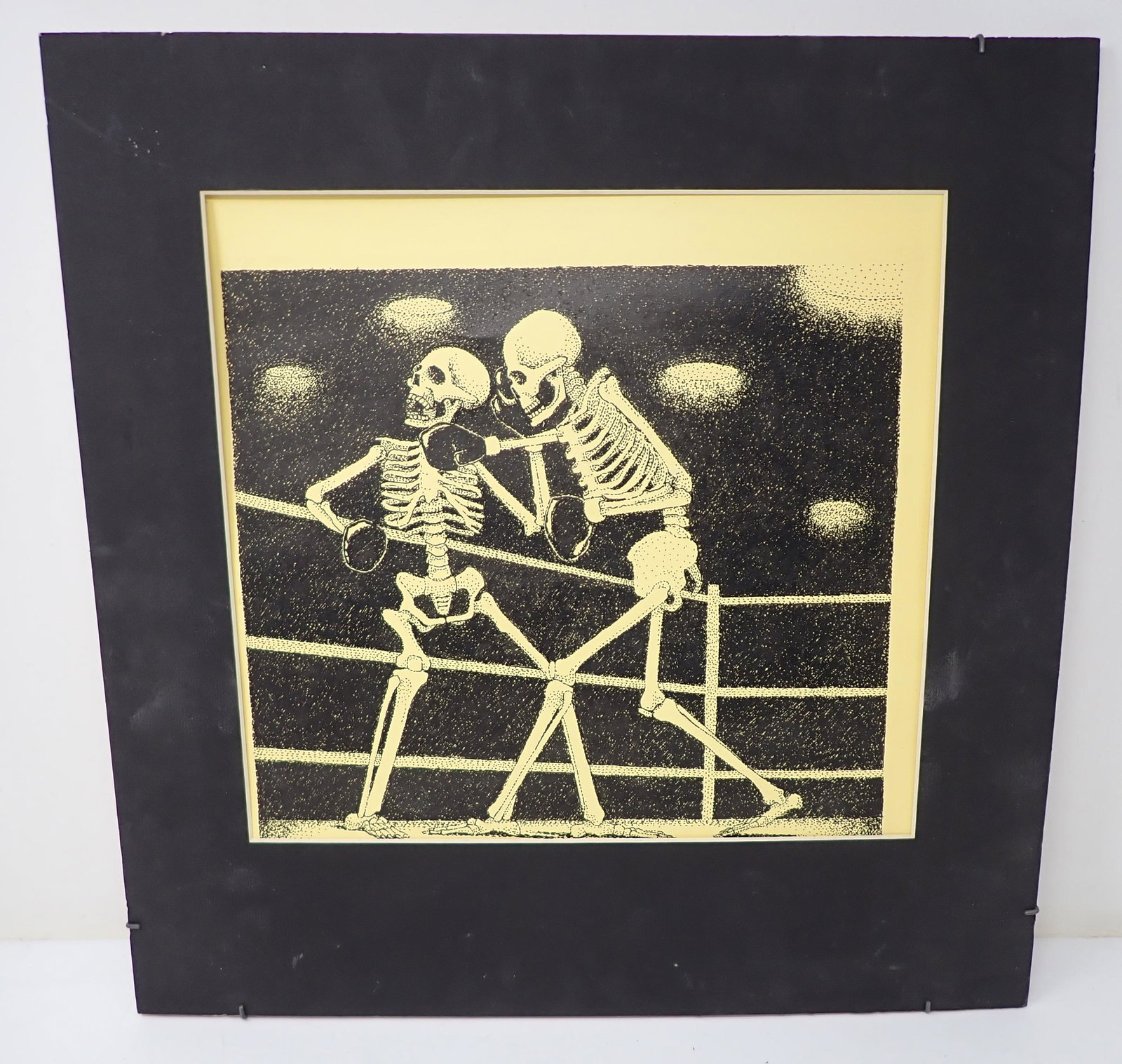 JD Landa Pen & Ink The Boxers Skeletons: Approx 16 1/2" x 17" overall dimensions. Sold as pictured