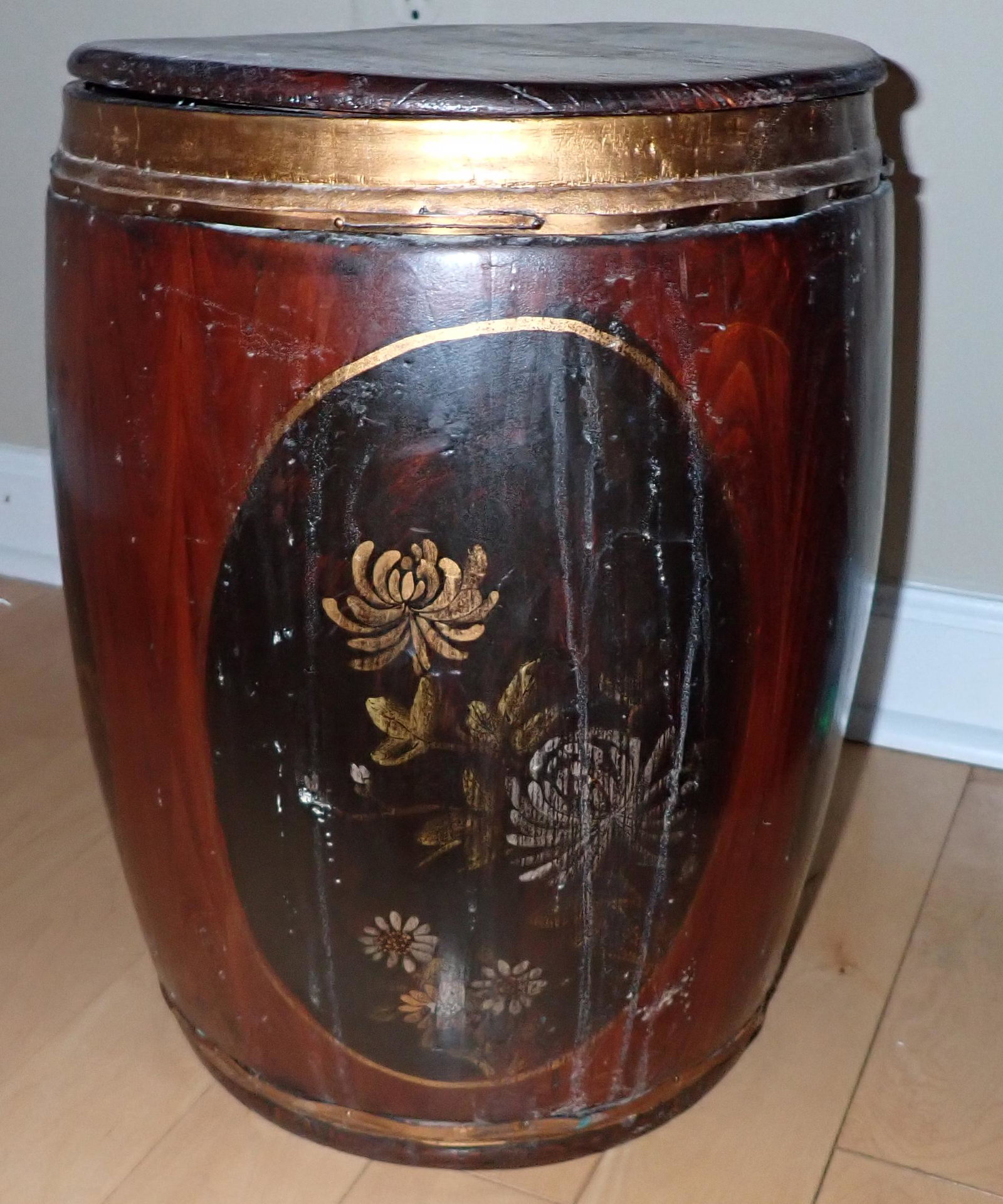 Wooden Chinese Rice Container: Approx 12" in diameter and 16" tall. We do not guarantee what the tag on inside reads. Sold as pictured