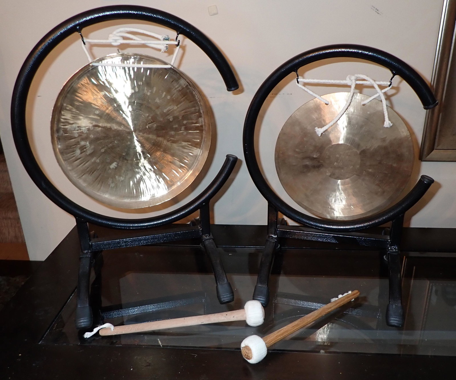 2 Decorative Chinese Gongs: Largest is approx 16 1/2" tall