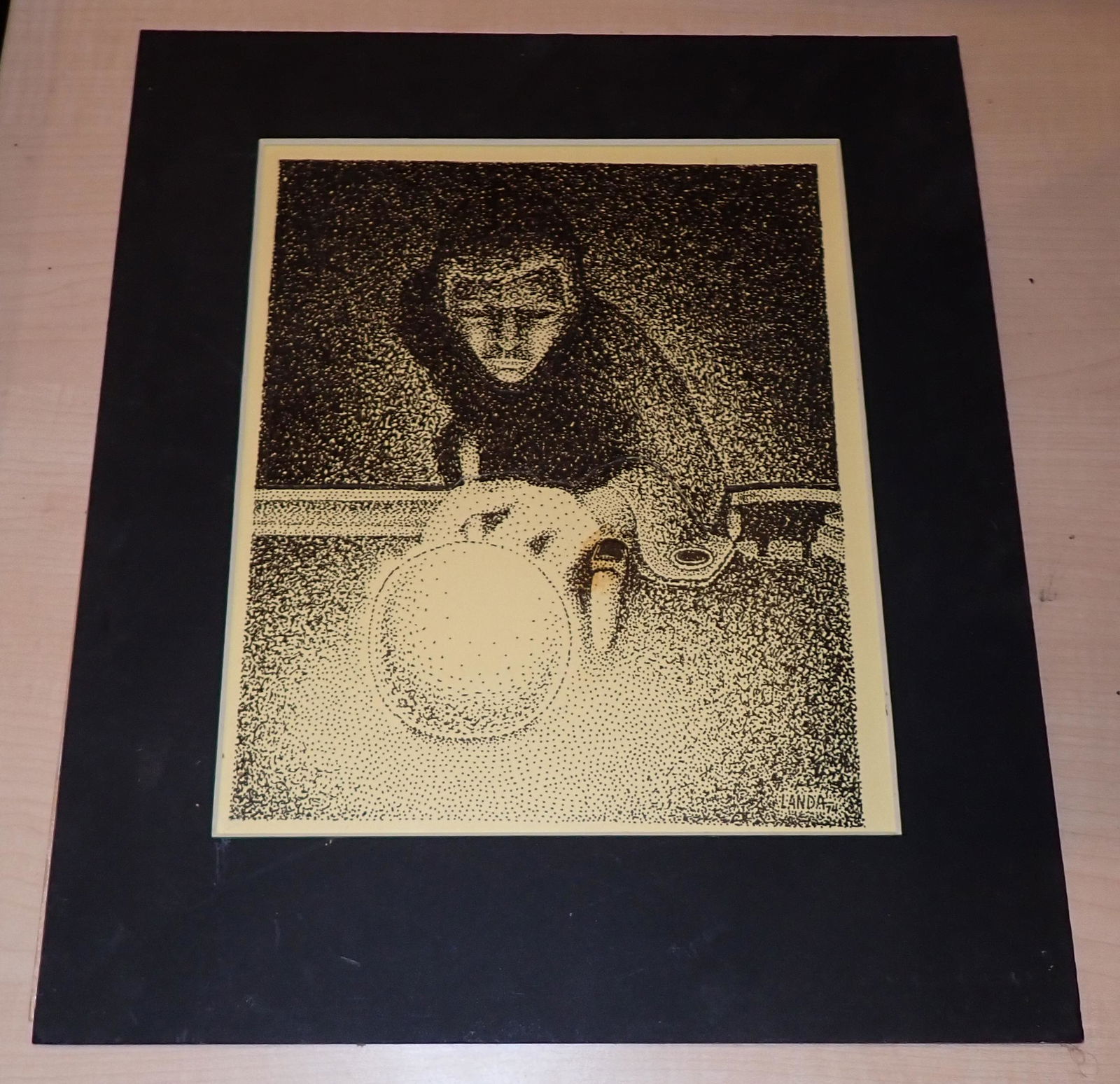 Landa 1974 Pen & Ink Pool Player " The Break": Signed pen & Ink