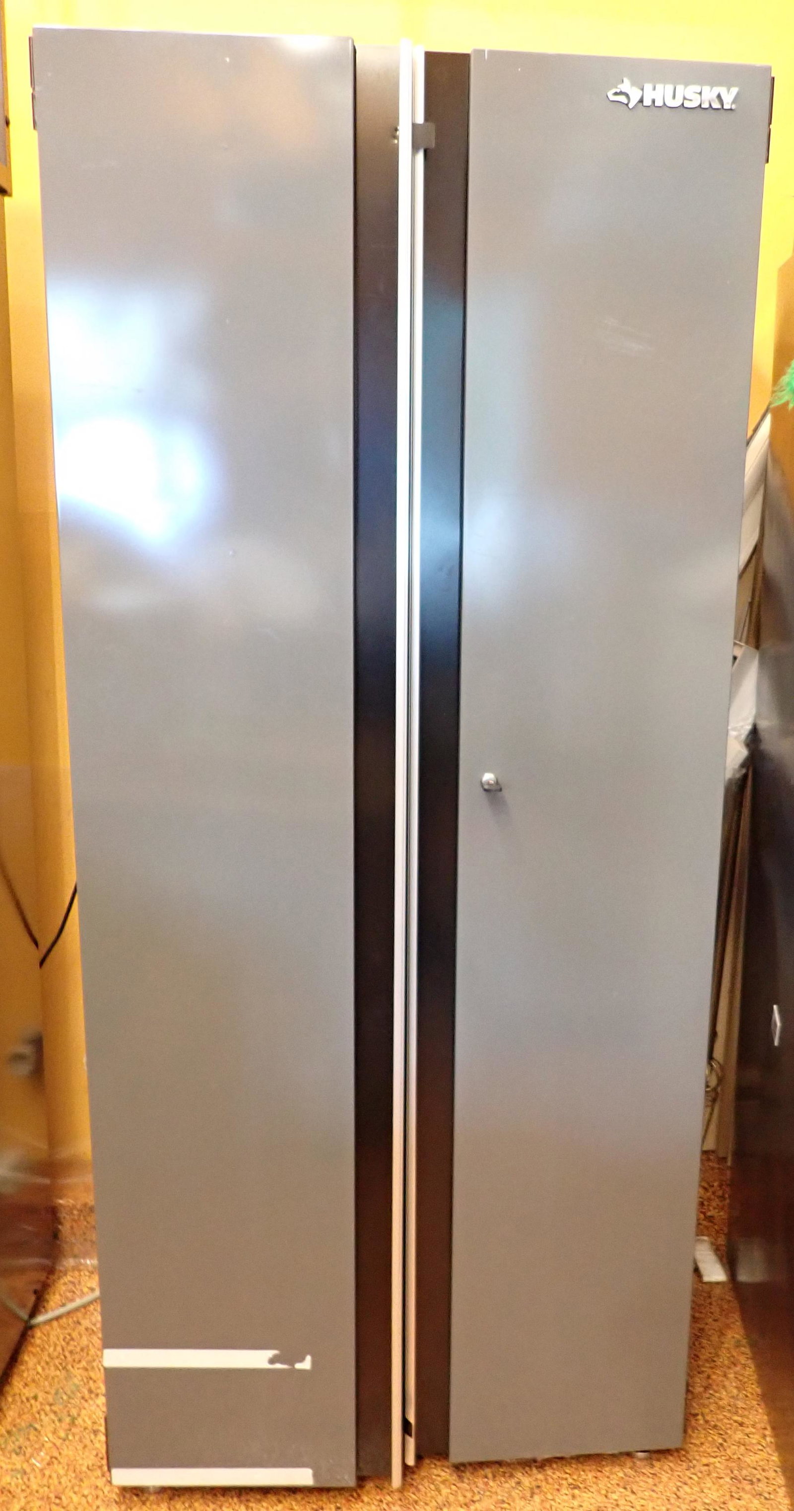 Husky Metal Cabinet & Shop Lights: Approx 19" x 32" x 73 1/2" tall. Includes everything in it. Have 2 keys for it