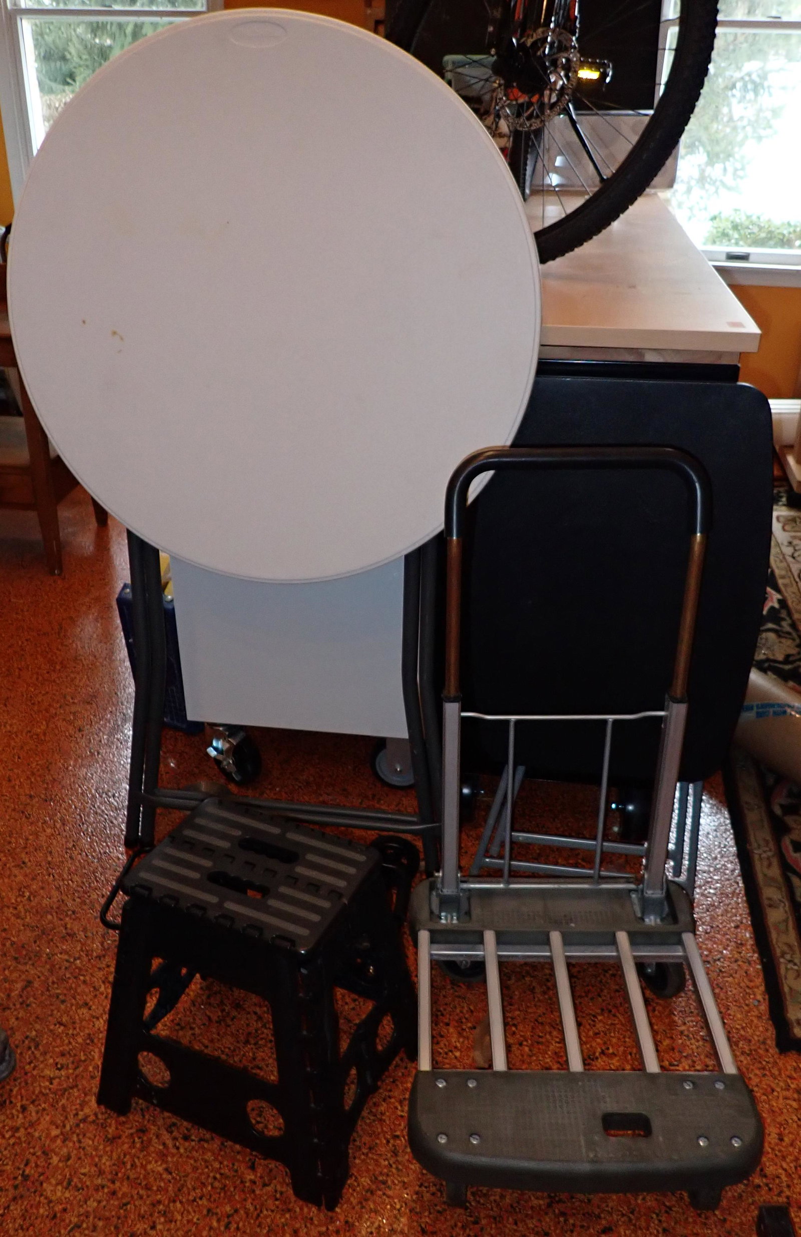2 Folding Tables Dollies Step Stool: White Folding Table is approx 32" in diameter