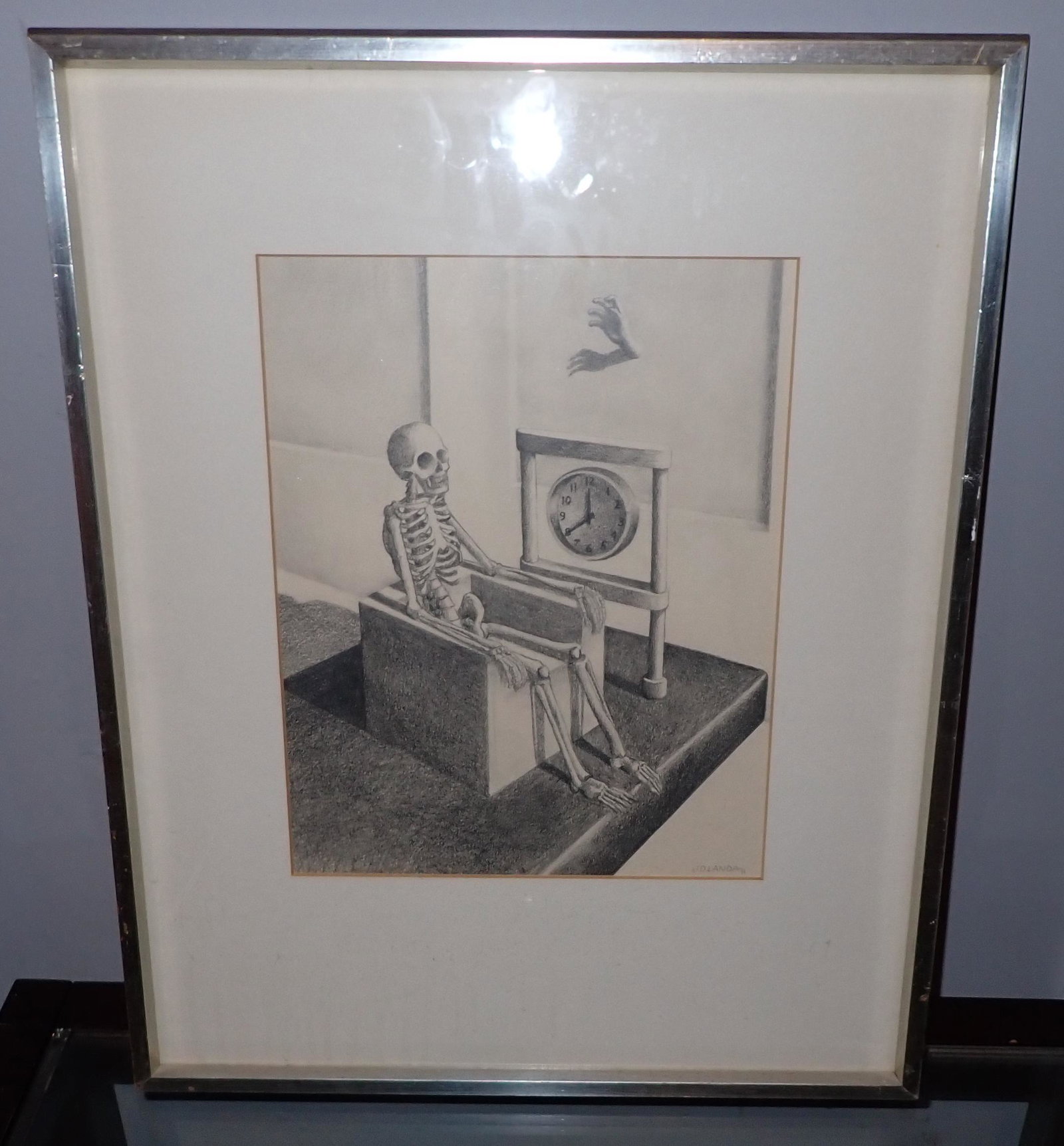 1971 JD Landa Pencil Skeleton w/ Clock: Approx 16 3/4" x 21"