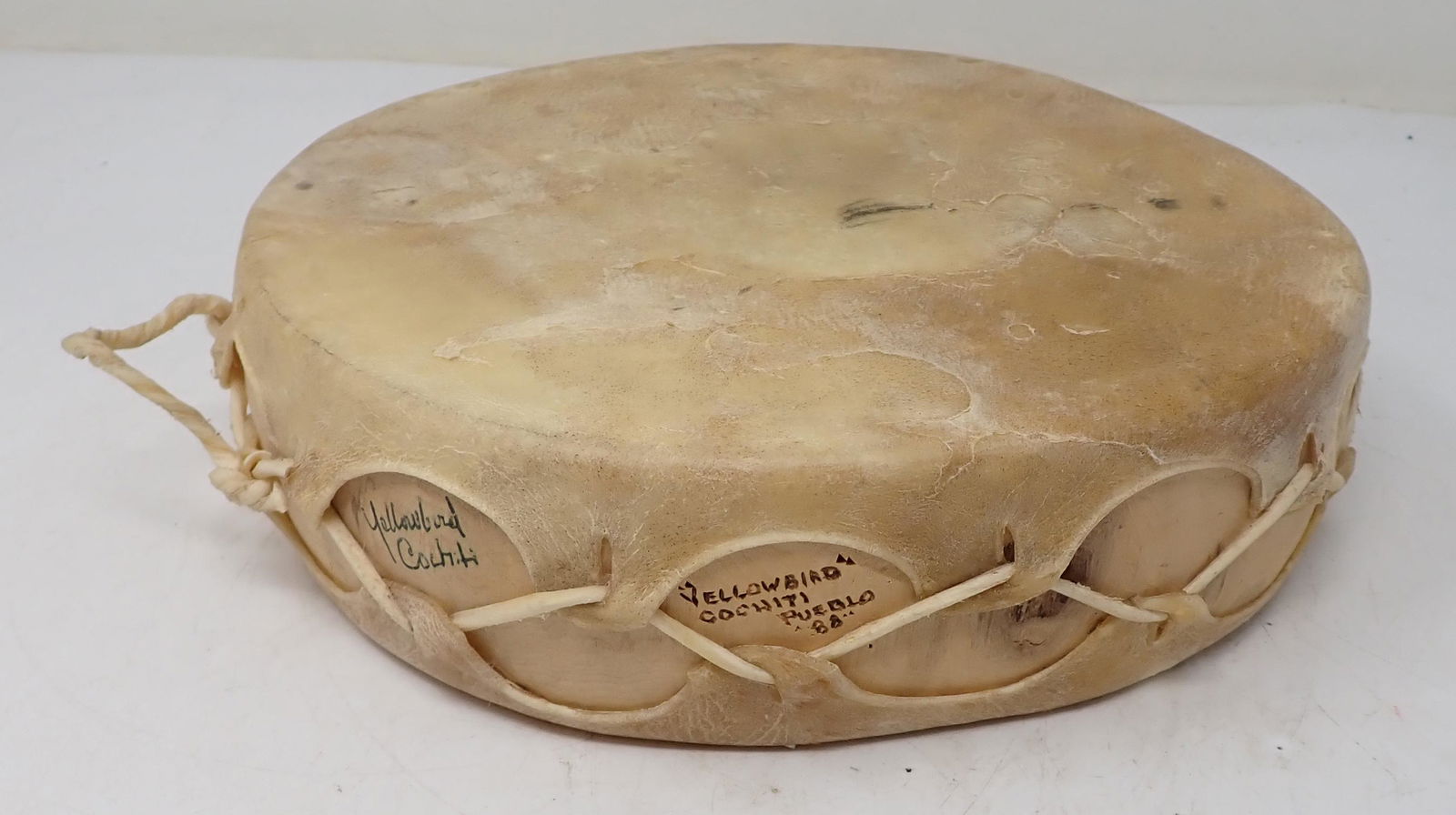 Cochiti Yellowbird Pueblo Drum: Approx 9" in diameter and 2 3/4" tall