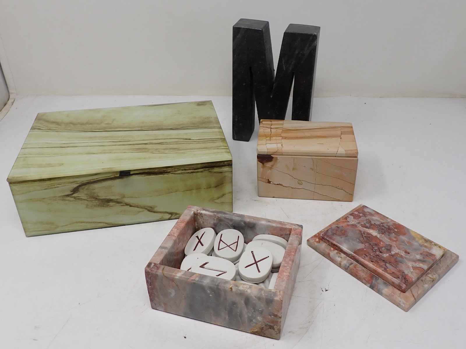 Glass & Stone Trinket Boxes: Green box ( glass ) is approx 5 3/4" x 8" x 2 5/8" tall