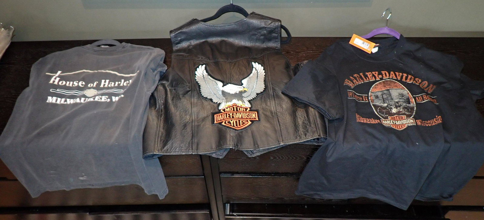 Harley Davidson Leather Motorcycle Vest: Getting shirts also. One shirt still has tags (2X). Both shirts need light cleaning from storage. Vest is approx 24" at widest point and 25 1/2" long