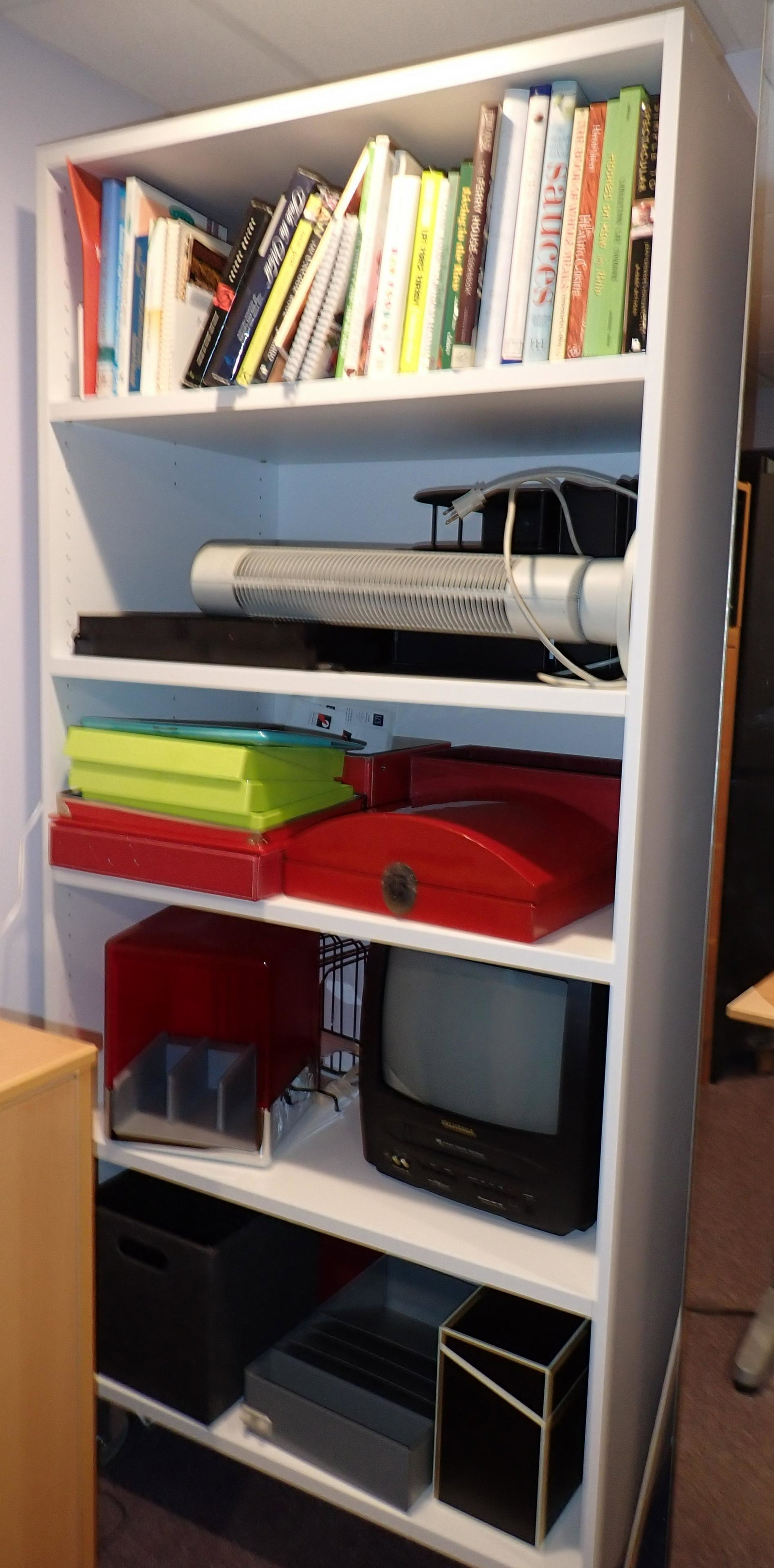 Rolling Shelving Unit and Contents: Shelf is approx 23 1/2" x 36" x 79 1/4" tall. Take what you want and leave the rest