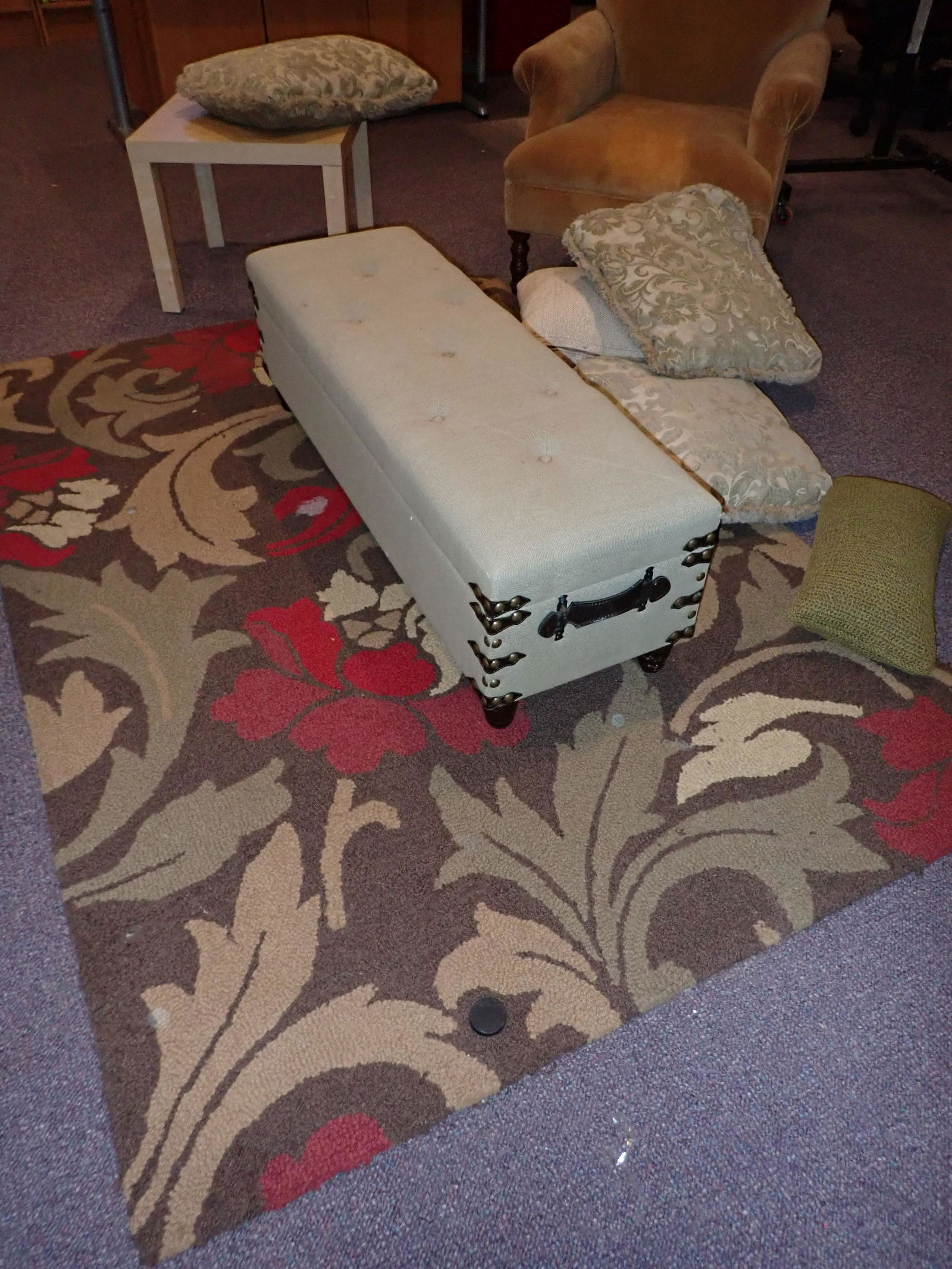 Chair Rug Bench Table Pillows: Chair, rug, pillows, bench, & table