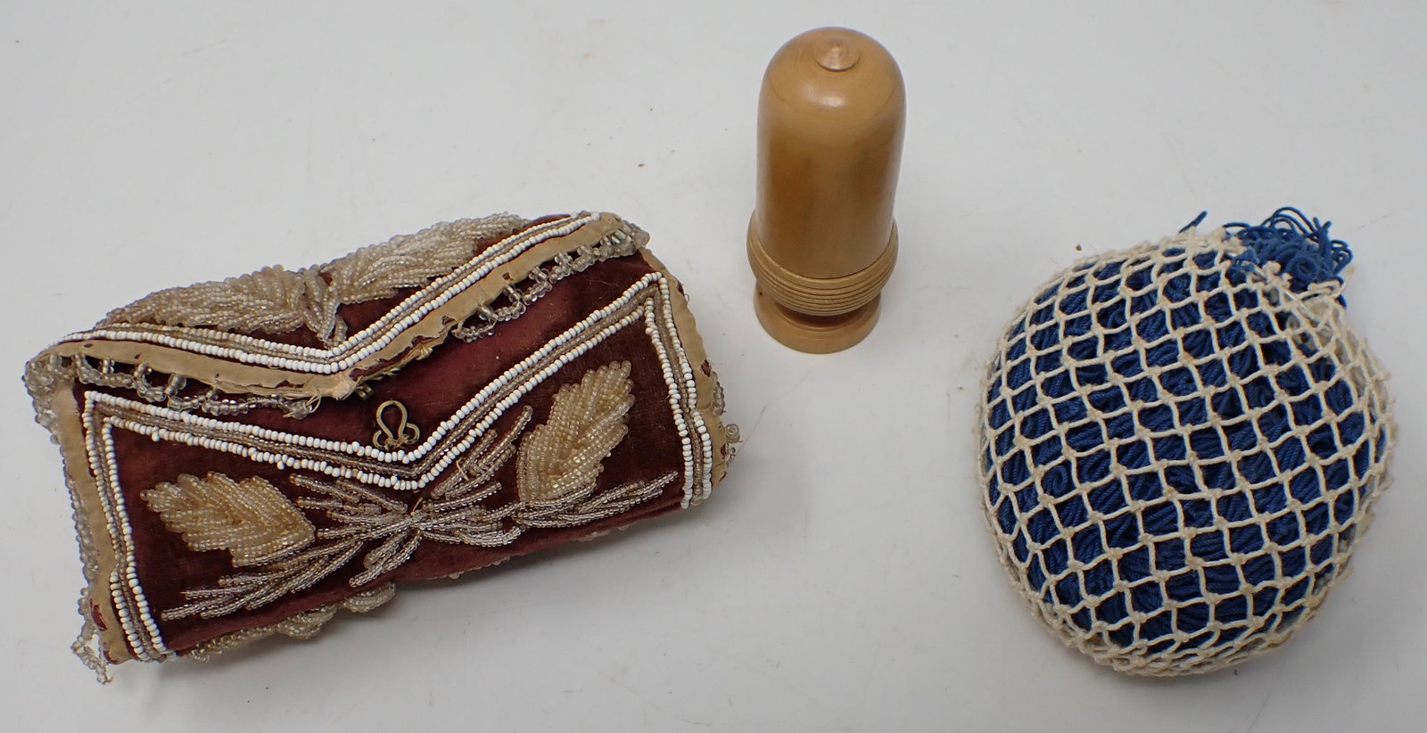 Pin Cushions Thimble Case: Thimble case is approx 1" in diameter and 3" tall