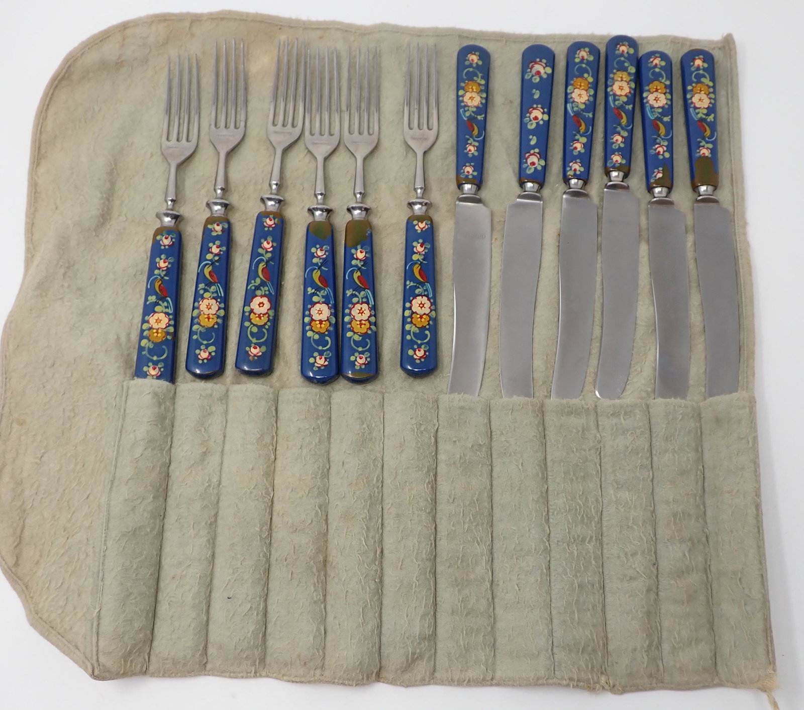 Gottlieb Hammerfahr Nirosta Flatware Enameled: Enameled knives and forks. Knives are approx 9" long.