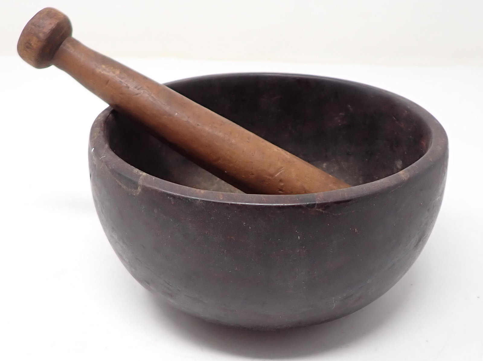 Early Wood Mortar and Pestle: Mortar is approx 6" in diameter and 3" tall