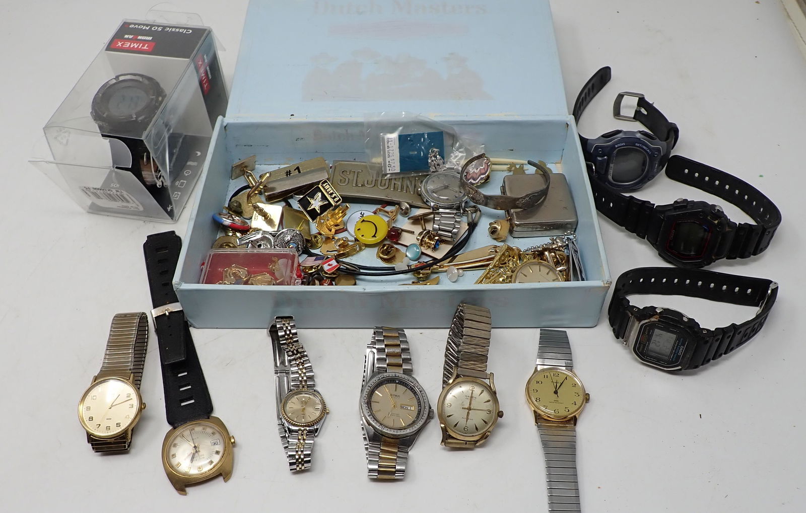 Vintage Hat Pins Cufflinks Watches Timex Gruen: One Timex is Electronic Time Zone.