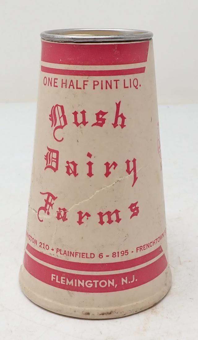 Bush Dairy Farms Flemington NJ Cone Milk Bottle: Cardboard bottle Approx 2 7/8" in diameter and 4 5/8" tall.