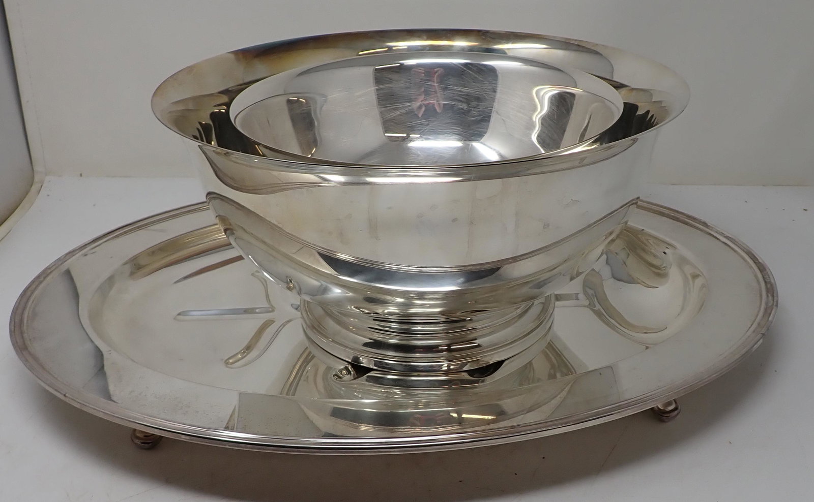Silverplate Platter & Bowls: Largest bowl is approx 12" in diameter and 6" tall. Both bowls are Gorham. Platter is Sheffield