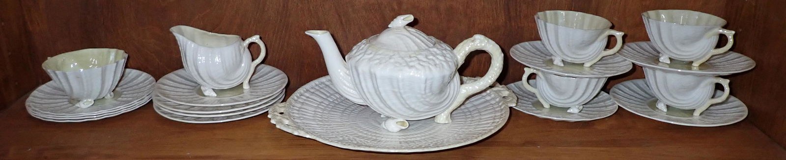 Belleek Conch Shell Tea Set Cups Saucers Teapot: Teapot is approx 5" tall