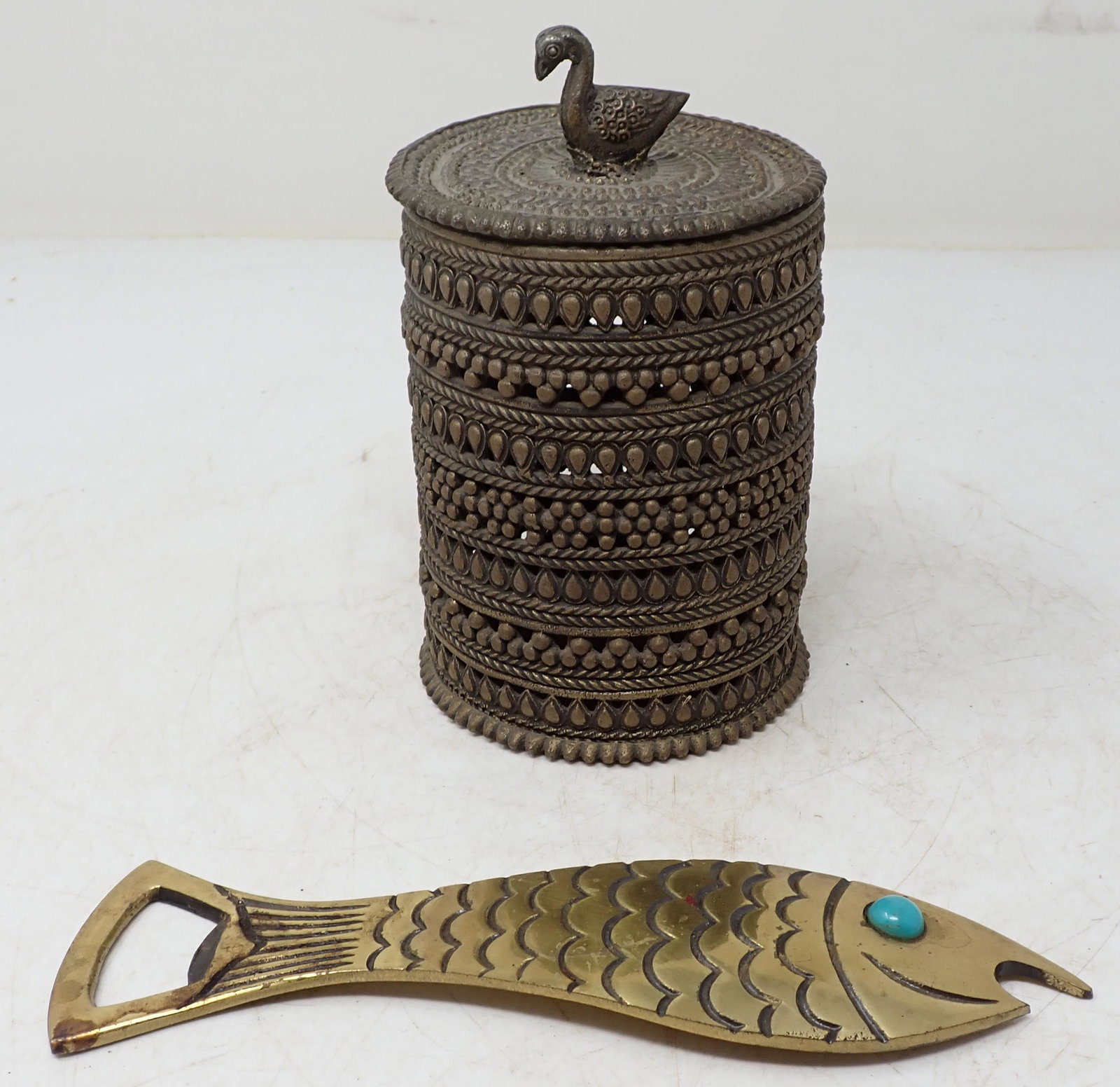 Brass Trinket Jar and Fish Bottle Opener: Bottle opener is apprx 6 3/4" long