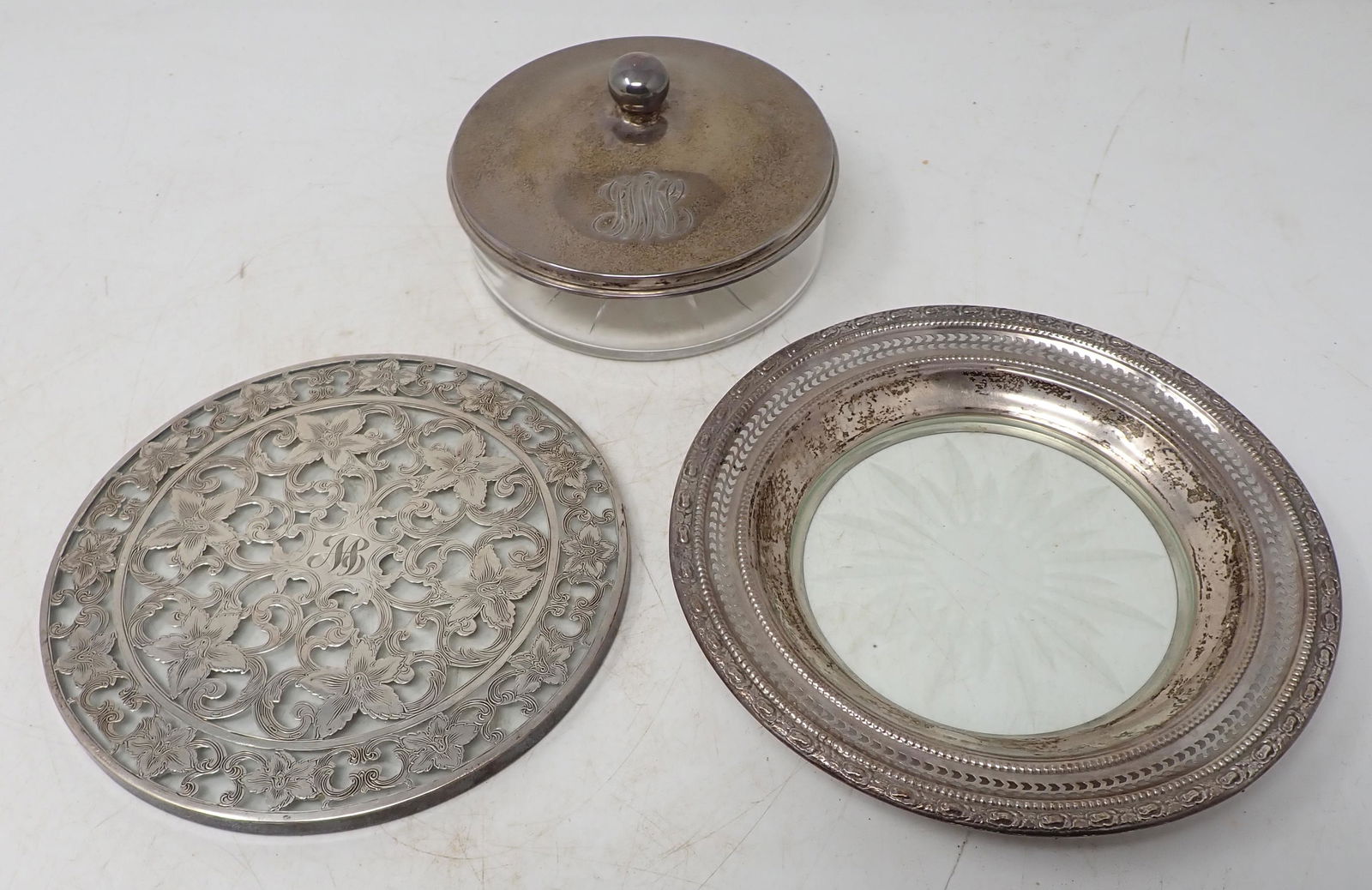 Sterling Silver Trivet Vanity Jar & Dish: Trivet and dish both have glass on bottom. Trivet is approx 6" in diameter