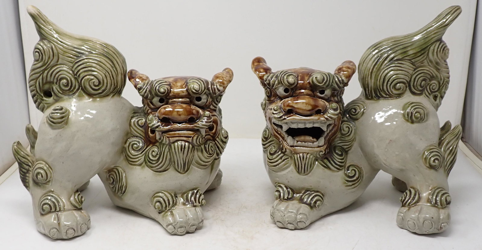 Pair of Signed Chinese Foo Dogs: Approx 11" long and 10 1/2" tall