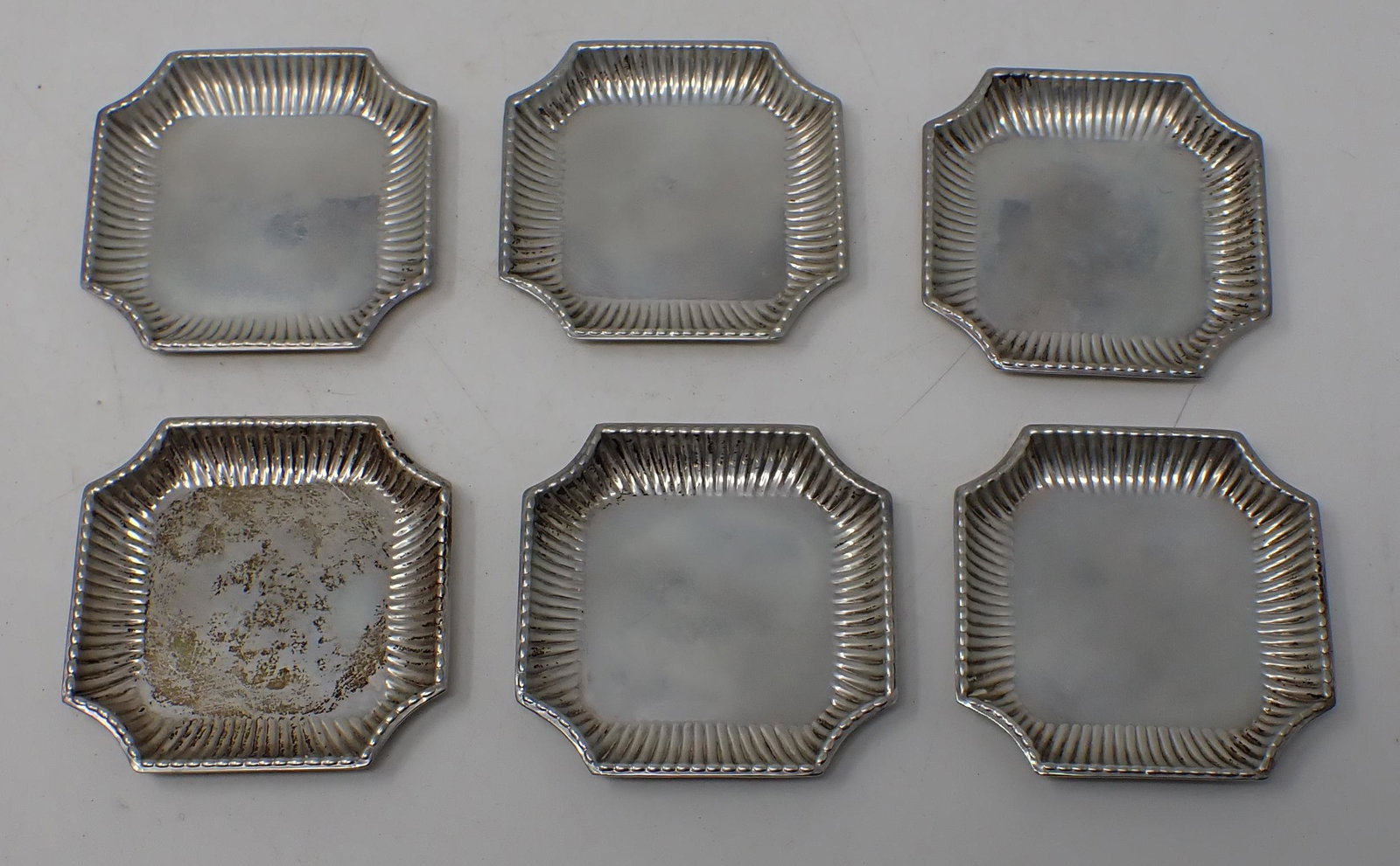 6 Black Starr Gorham 659 Sterling Silver Trays: Sterling silver trays are approx 2 7/8" x 2 7/8" . Total weight is apprx 175 grams. All come with the sleeves