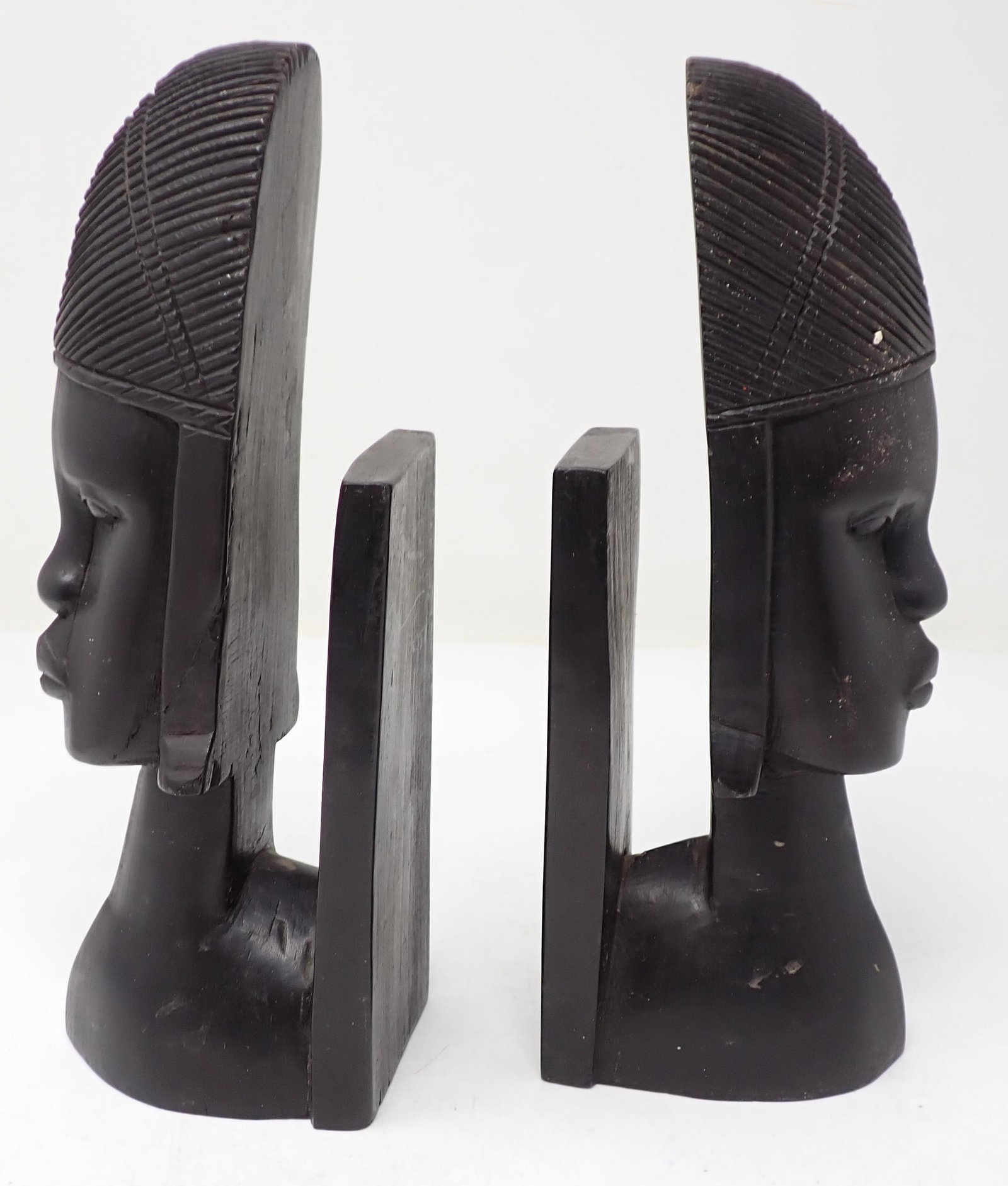 African Wood Carved Bookends: Approx 2 1/2" x 3 1/2" x 9" tall