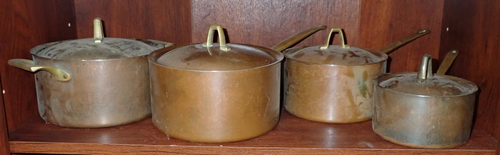 Paul Revere Copper Pots Pans: Pot on far left is approx 7 5/8" in diameter and 6 1/4" tall. Smallest on far right is only one marked Revere