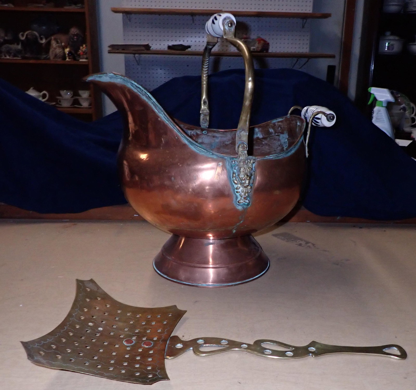 Dovetailed Copper Coal Scuttle and Slotted Scoop: Scuttle is approx 13" x 18" x 19"