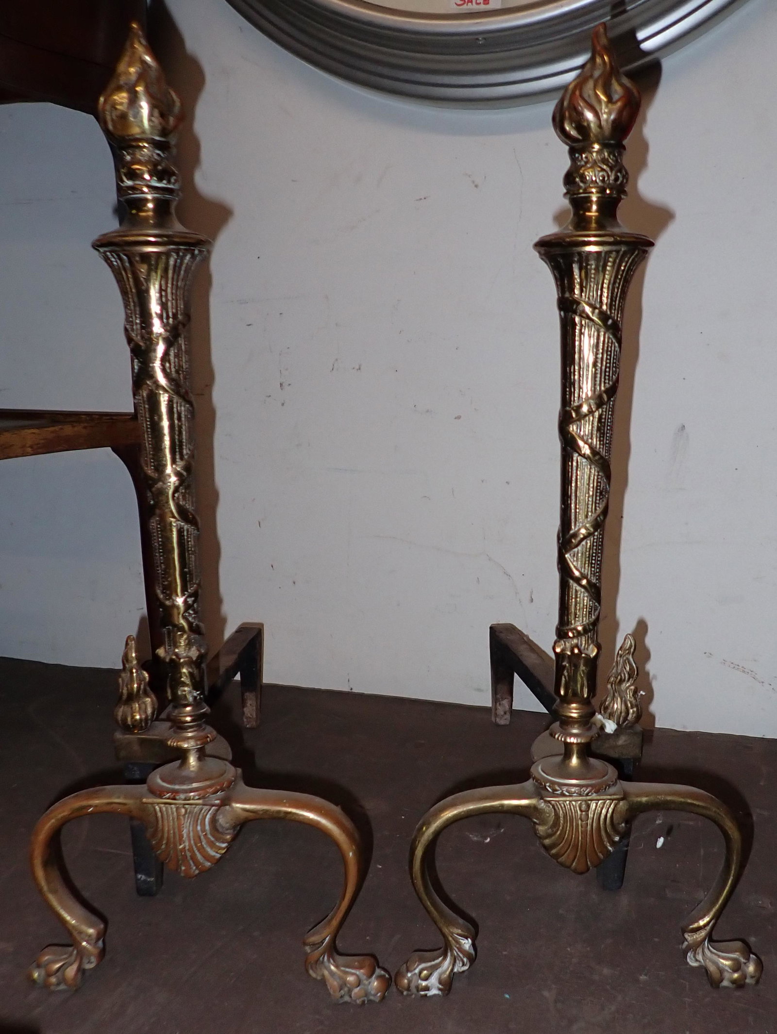 Brass Andiron Log Holders: Approx 8 1/2" wide, 17" deep, 21" tall