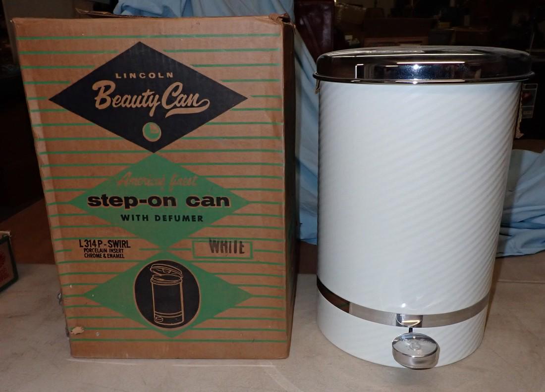 Vintage New Old Stock Beauty Ware Trash Can: Chrome & Enamel Can is approx 11" in diameter and 16" tall. Was a present that they stuffed in the attic. Bow is in the box