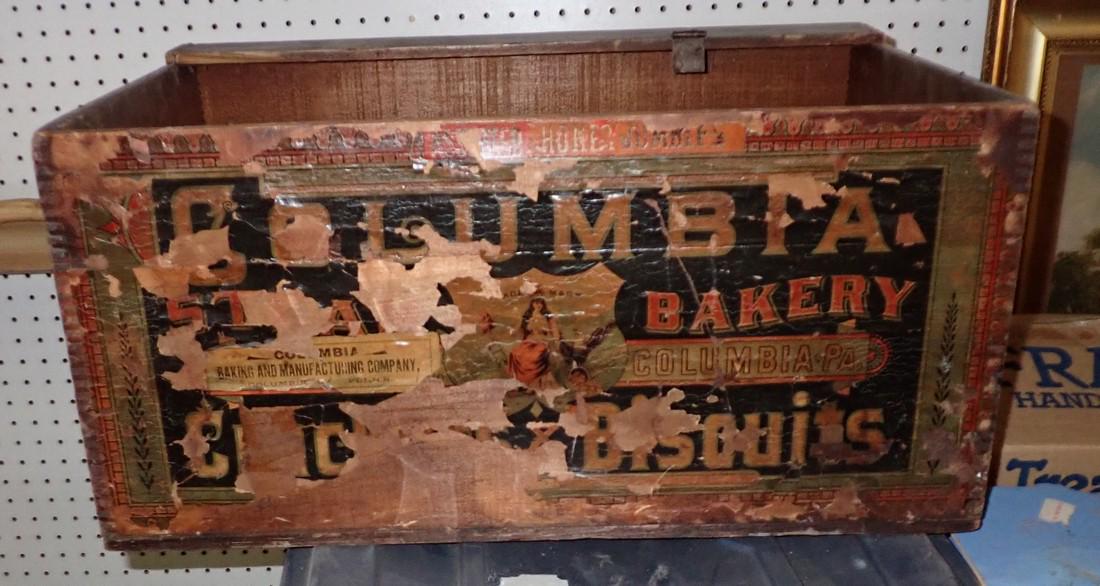 Columbia Bakery Wooden Crate w/ Paper Label: Approx 13 7/8" x 21 3/8" x 10 3/4" tall