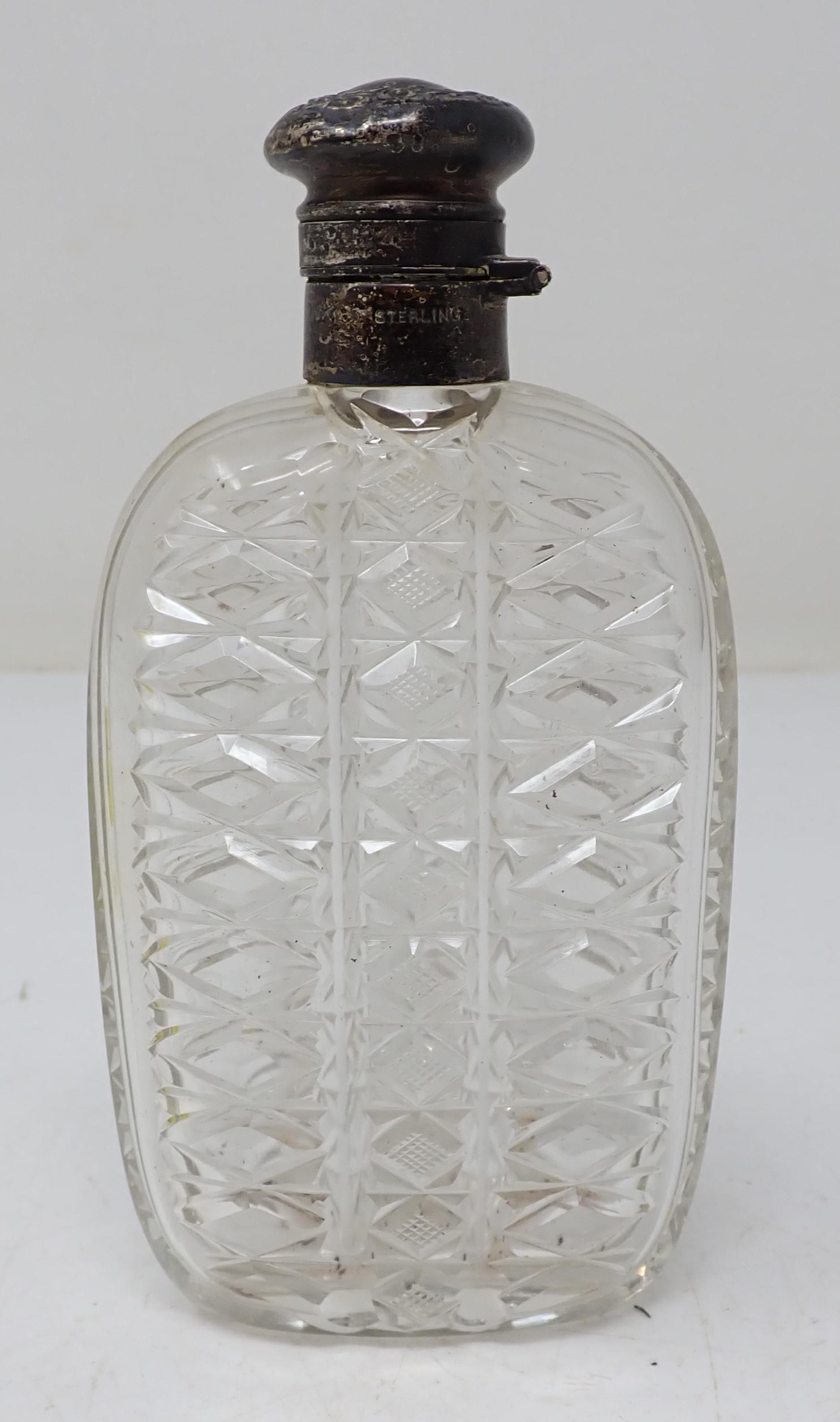 Cut Glass Flask with Sterling Silver Top: Approx 1 1/4" x 2 5/8" x 5 1/2" tall