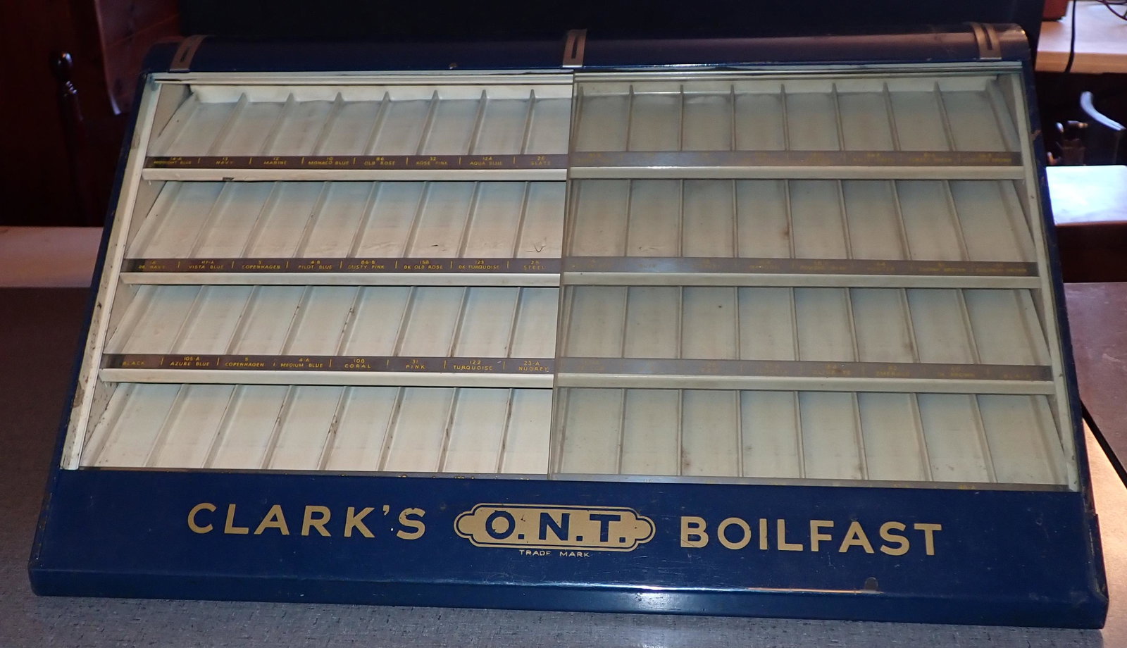 Clarks Boilfast Tin Counter Top Store Display Cabinet: Counter Top Store Display cabinet is approx 14 3/8" x 23 1/8" x 10 1/4" tall.