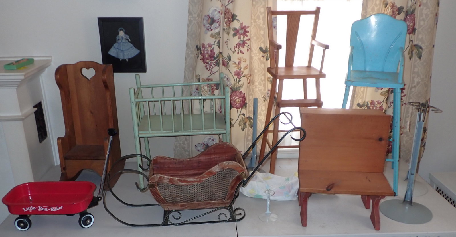 Doll Furniture Chairs High Chair Crib Wagon: Tallest is approx 29" . Take what you want and leave the rest. This is for the items on table and items on wall are NOT included