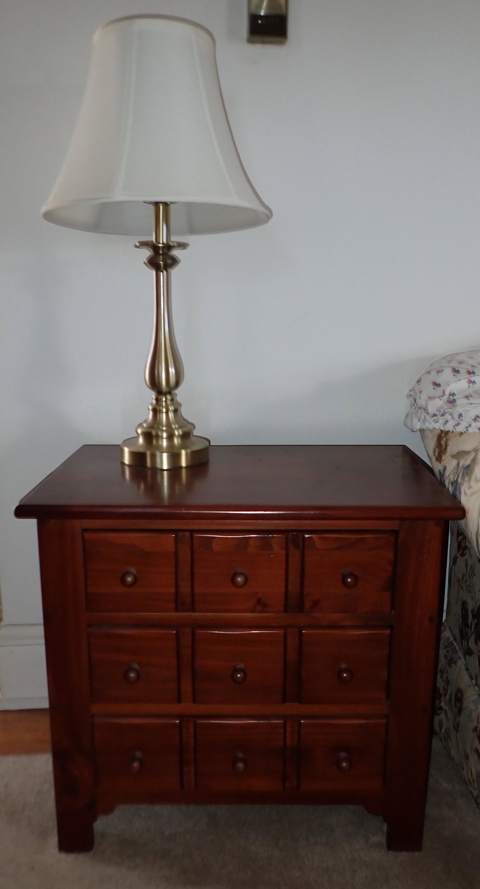 3 Drawer Nightstands and Table Lamps: One Nightstand is approx 16" x 24 1/2" x 22 1/2" tall , other is 15 3/4" x 24 1/2" x 23" tall.