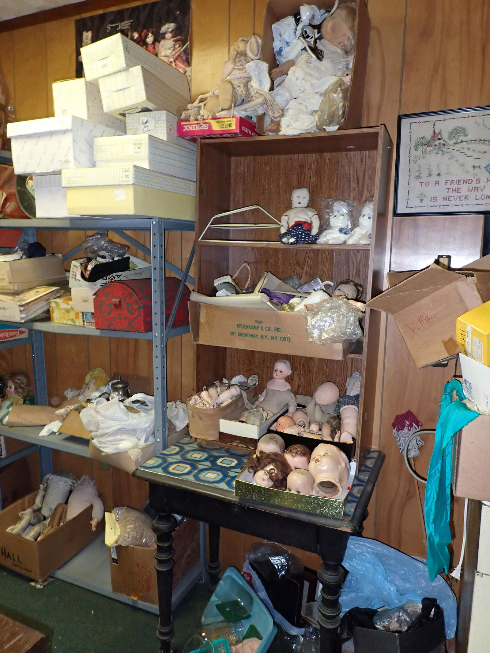 Doll Parts / Partial Room Contents: Lot includes all pictured on the 3 shelving units ( including units ) and counter. Take what you want and leave the rest. 8 Boxes on the top of the middle shelf are empty