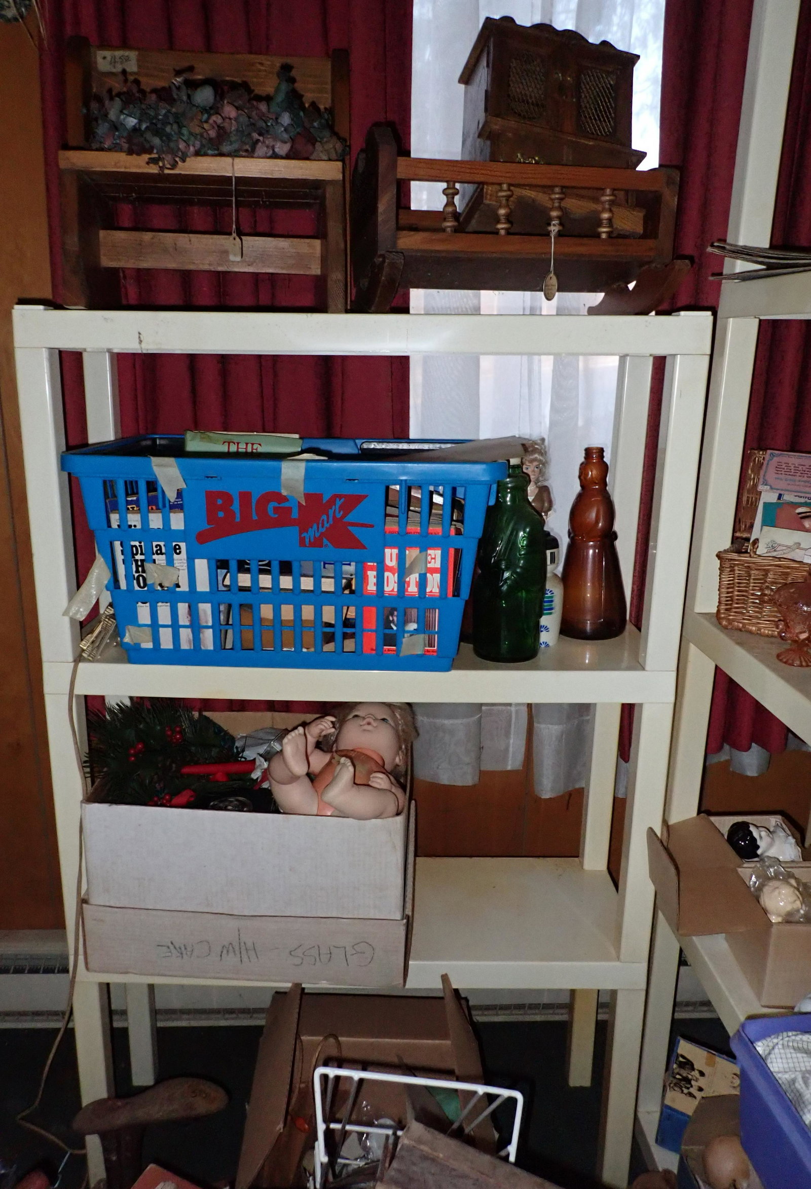Dolls Parts & Misc: Lot includes all pictured on shelves and on floor in front of shelves. Shelves are included. Take what you want and leave the rest.