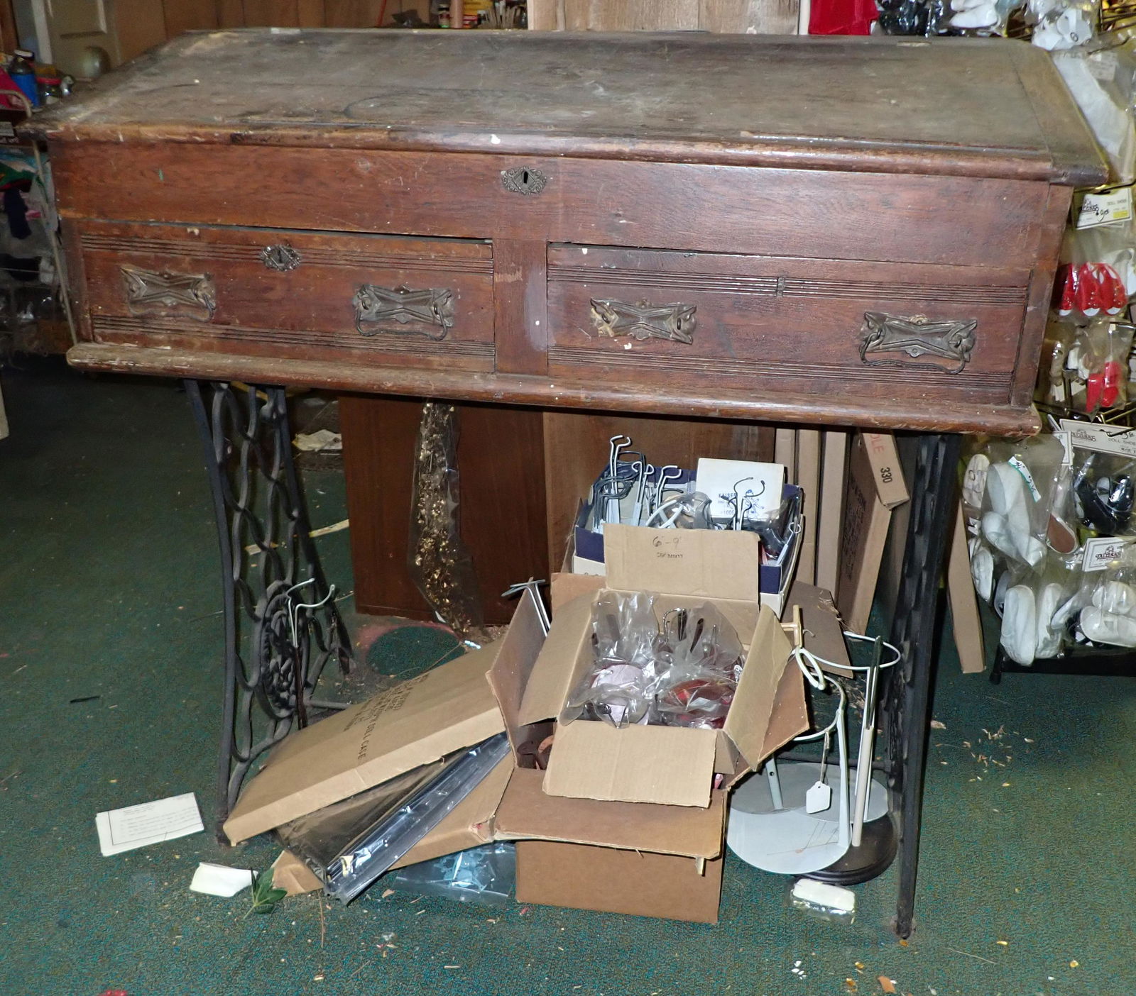 Desk Mounted on Cast Iron Sewing Machine Base: Approx 22 1/2" x 42" x 40 1/2" tall