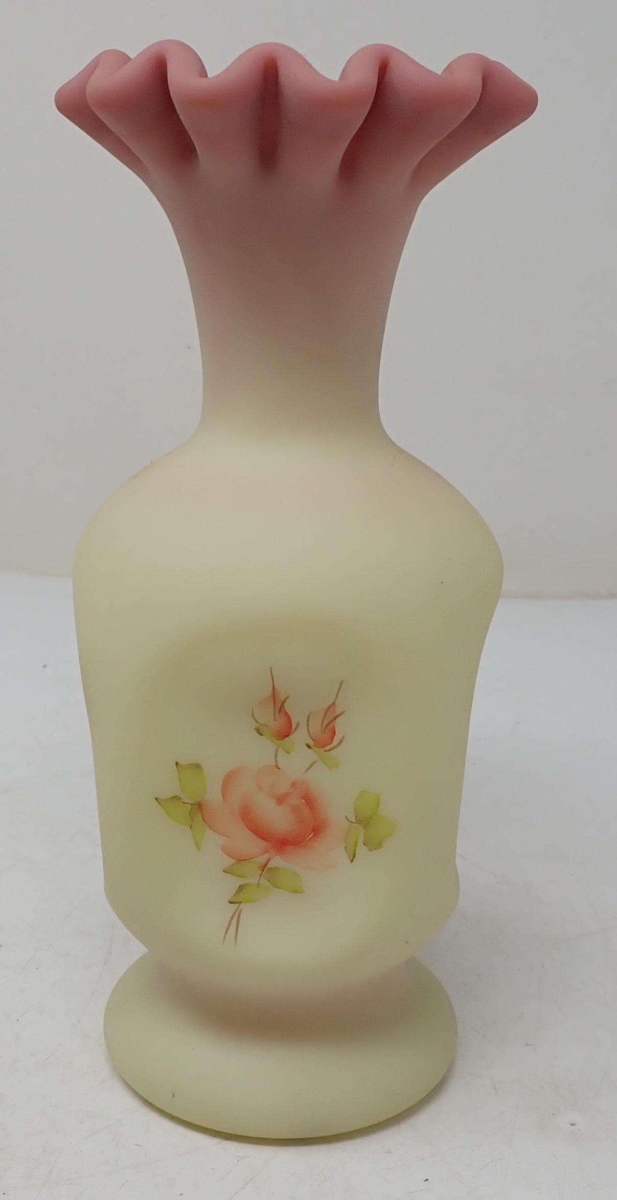 Hand Painted Signed Fenton Rose Burmese Vase (1 of 3)