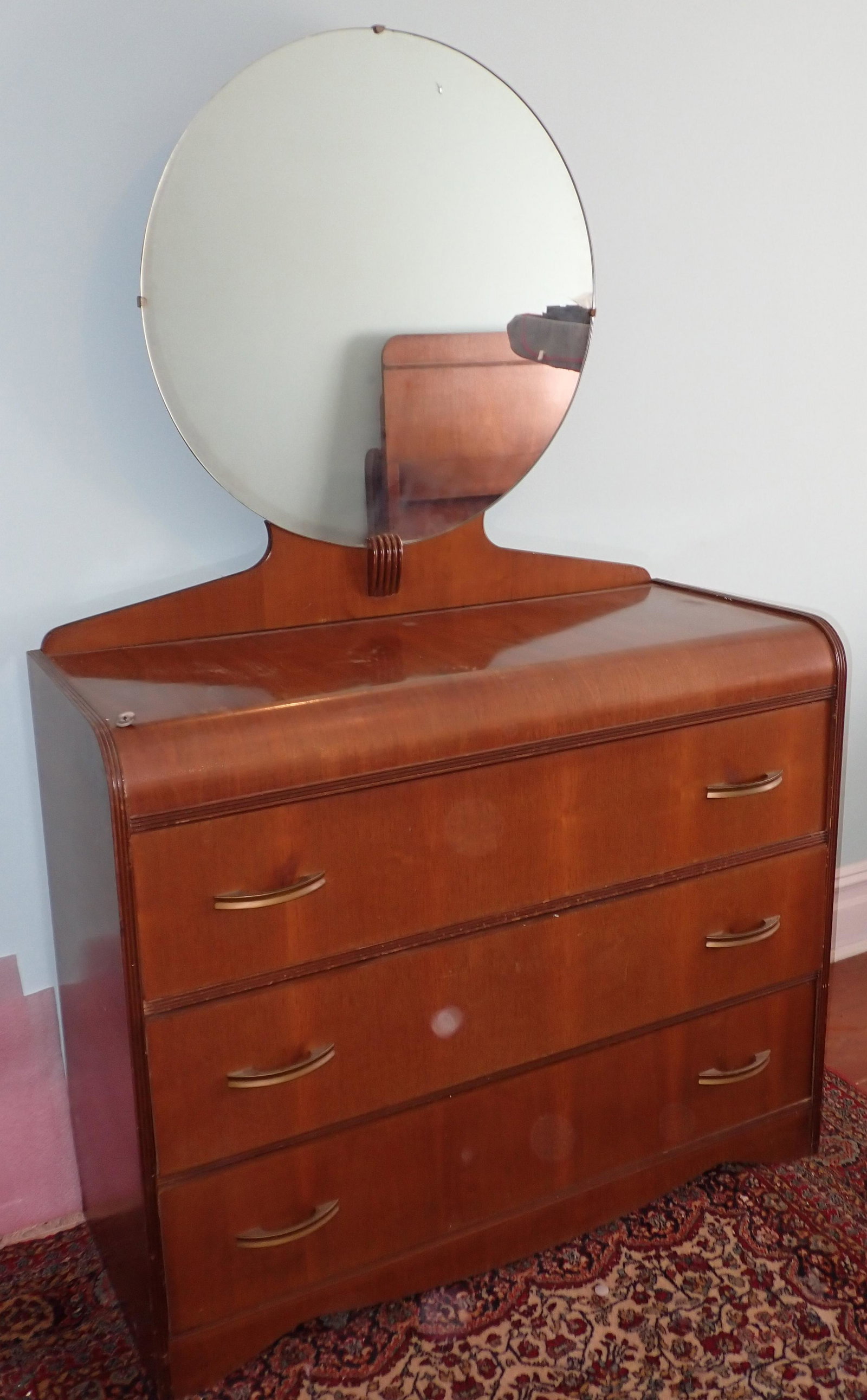 Waterfall Dresser with Mirror and Bed: Dresser is apprx 18" x 42" x 67" tall to top of mirror. Bed is apprx 55 1/2" wide