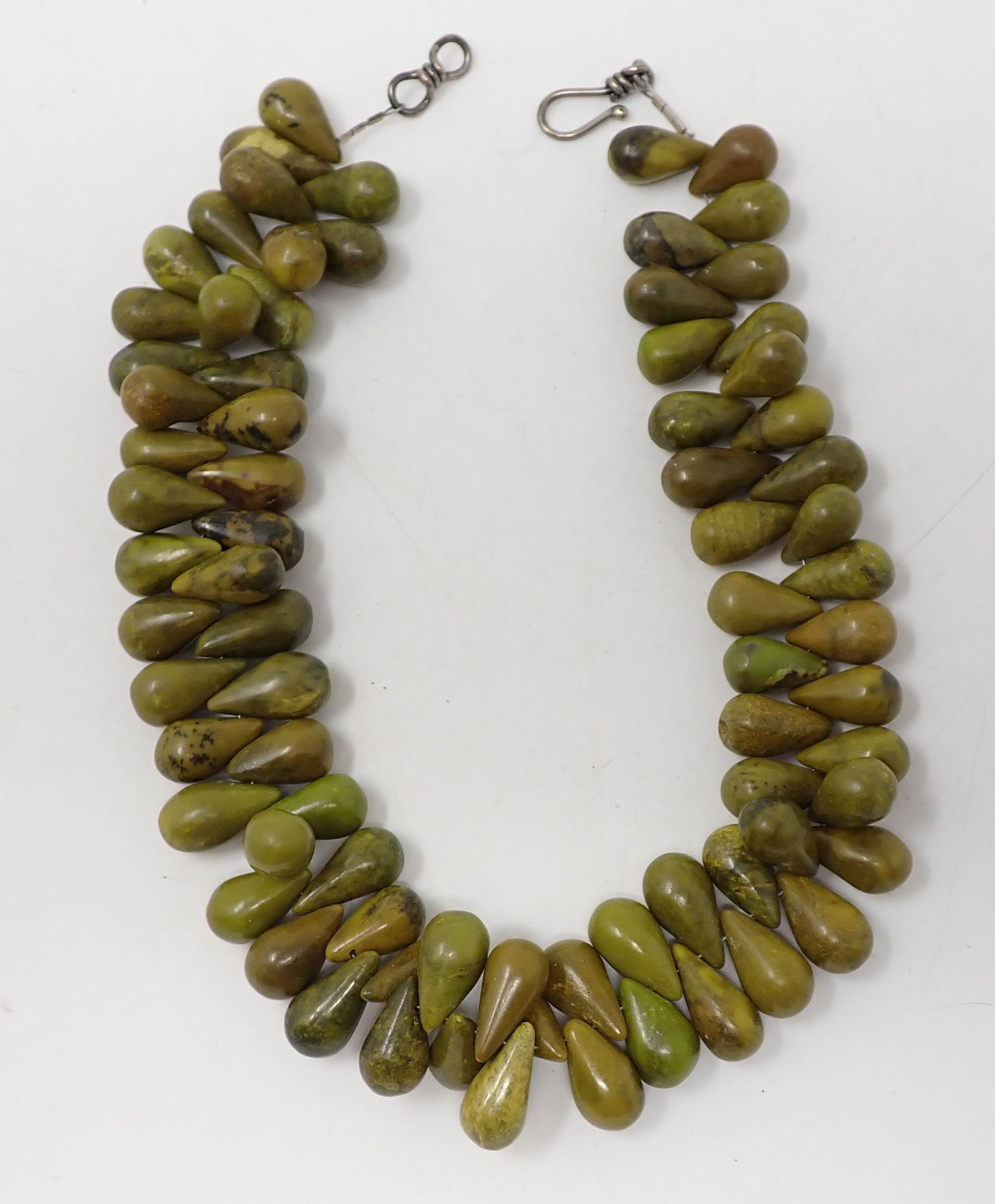 Green Jasper Necklace: Tear drop shaped beads, each bead is 21mm long, 11mm diameter, 18" necklace length, silver shepherd's hook clasp.