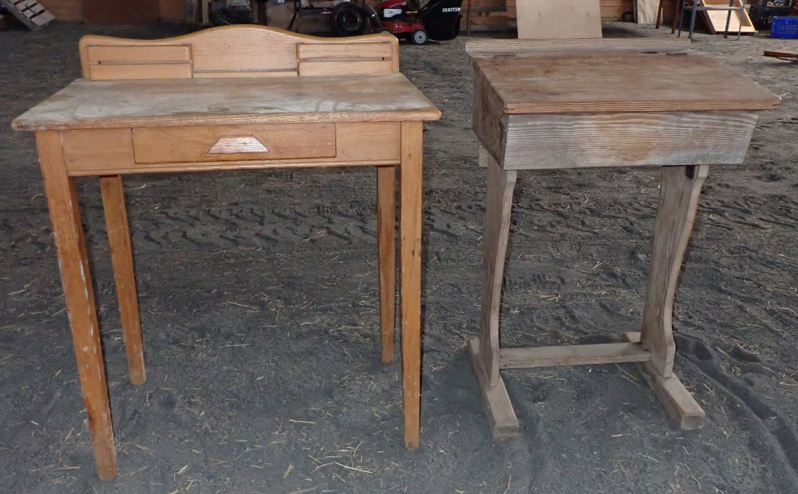 2 Desks incl Childs w/ Inkwell Hole: Desk on right is approx 18" x 22" x 33 1/4" tall. Must take both