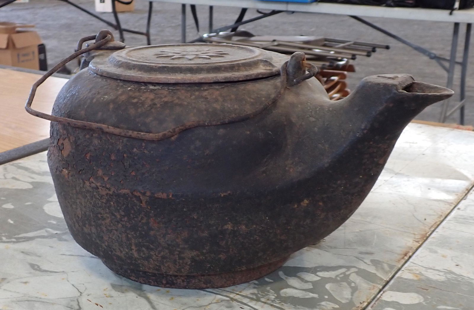 Cast Iron Tea Kettle: Approx 8 1/2" in diameter and 7" tall