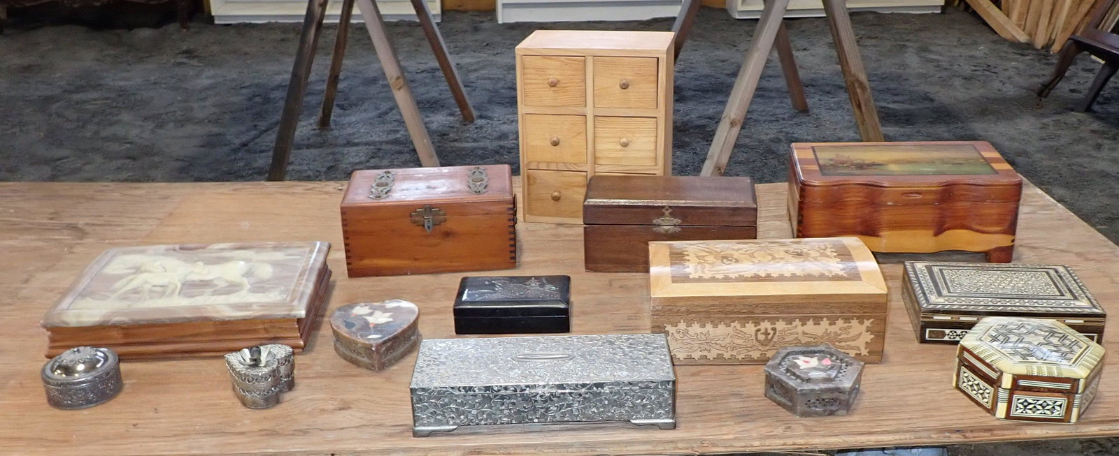 Jewelry and Trinket Boxes: Largest is approx 4 1/2" x 7 1/2" x 9 1/2" tall