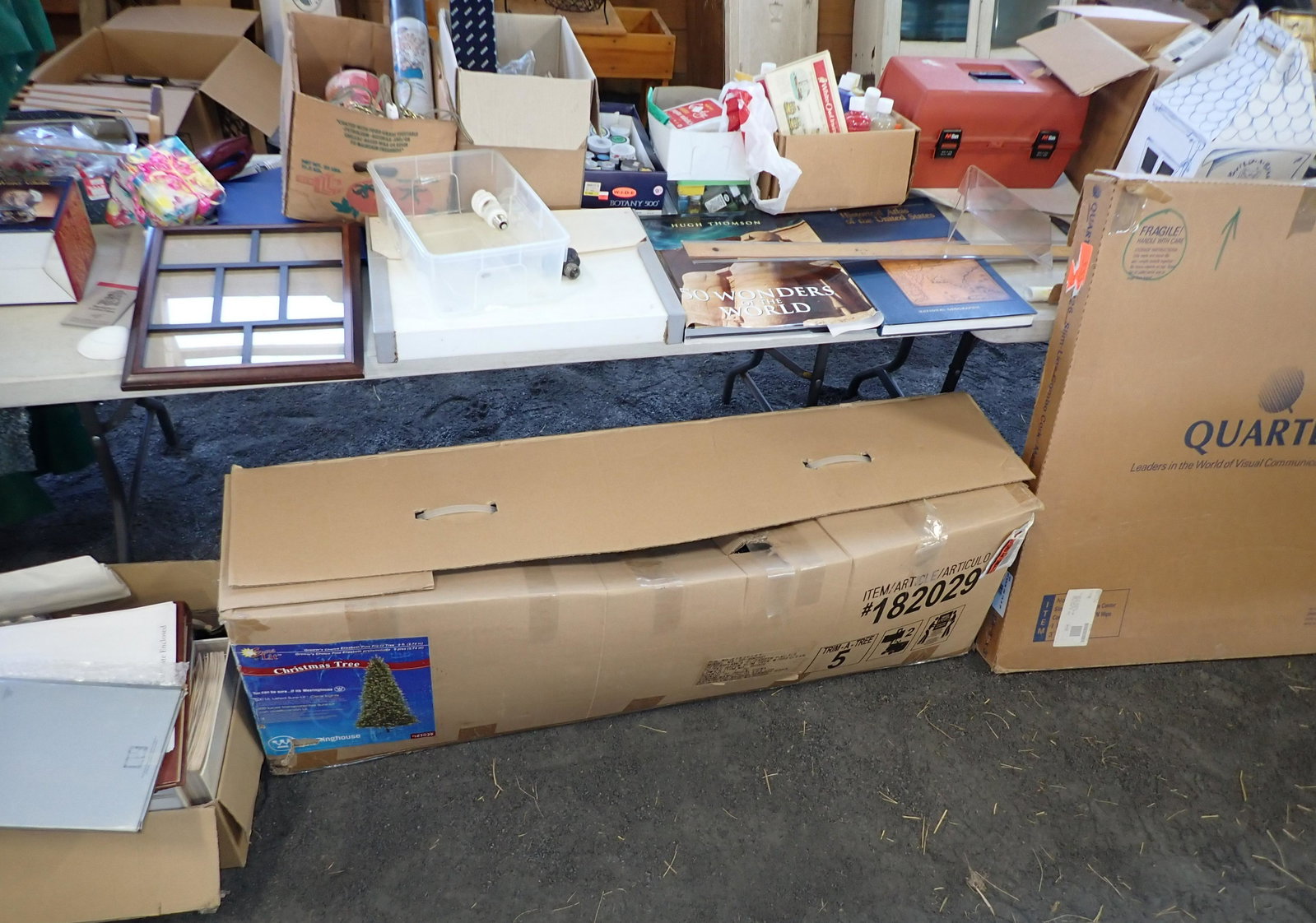 Contents of 2 Tables: Item in flat cardboard box is a folding card table. Getting all items on the 2 table and directly in front of them ( nothing that is pictured in the background). Must take all