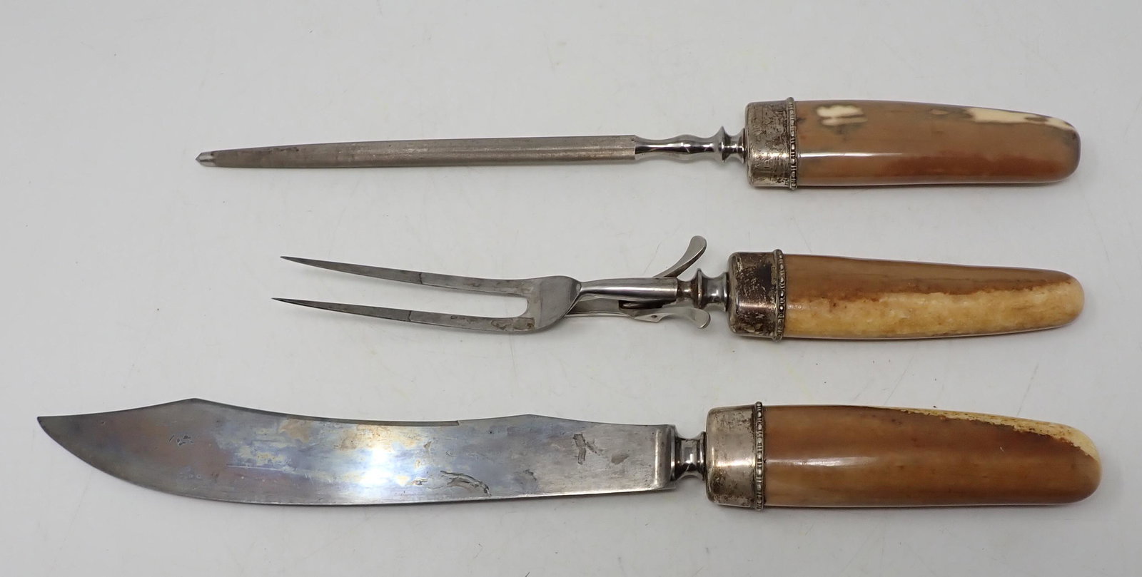 JVB Cutlery Set Bone Handles Sterling Silver Collars: Knife is approx 15" long. Sterling silver collars.