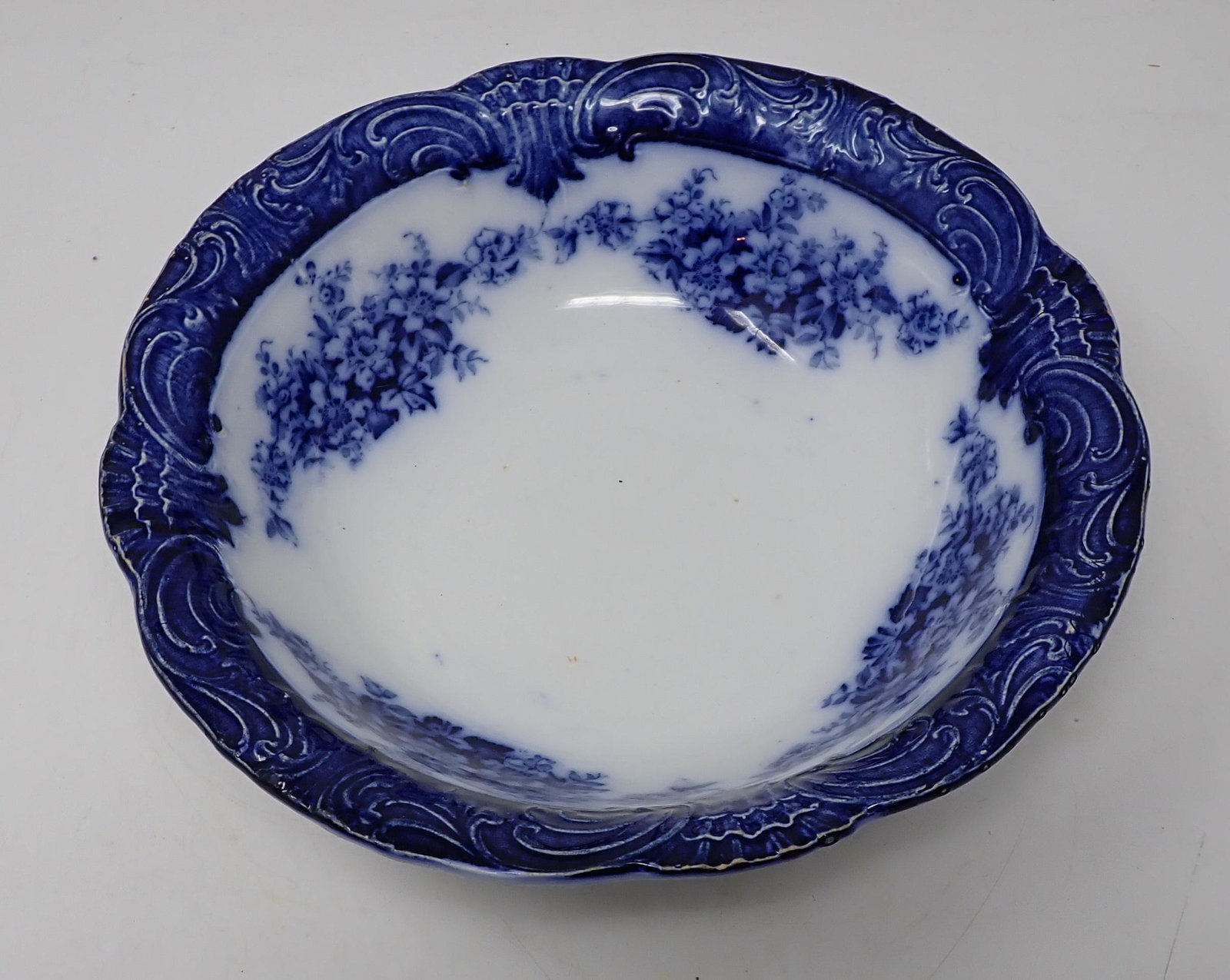 Wood & Son Flow Blue Bowl: Victoria Royal Semi Porcelain Flowblue bowl is approx 10" in diameter and 3" tall