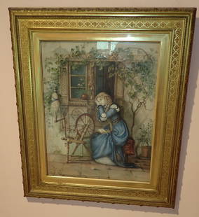 Walter Satterlee Watercolor: Girl with spinning wheel. Approx 29" x 34 1/2"